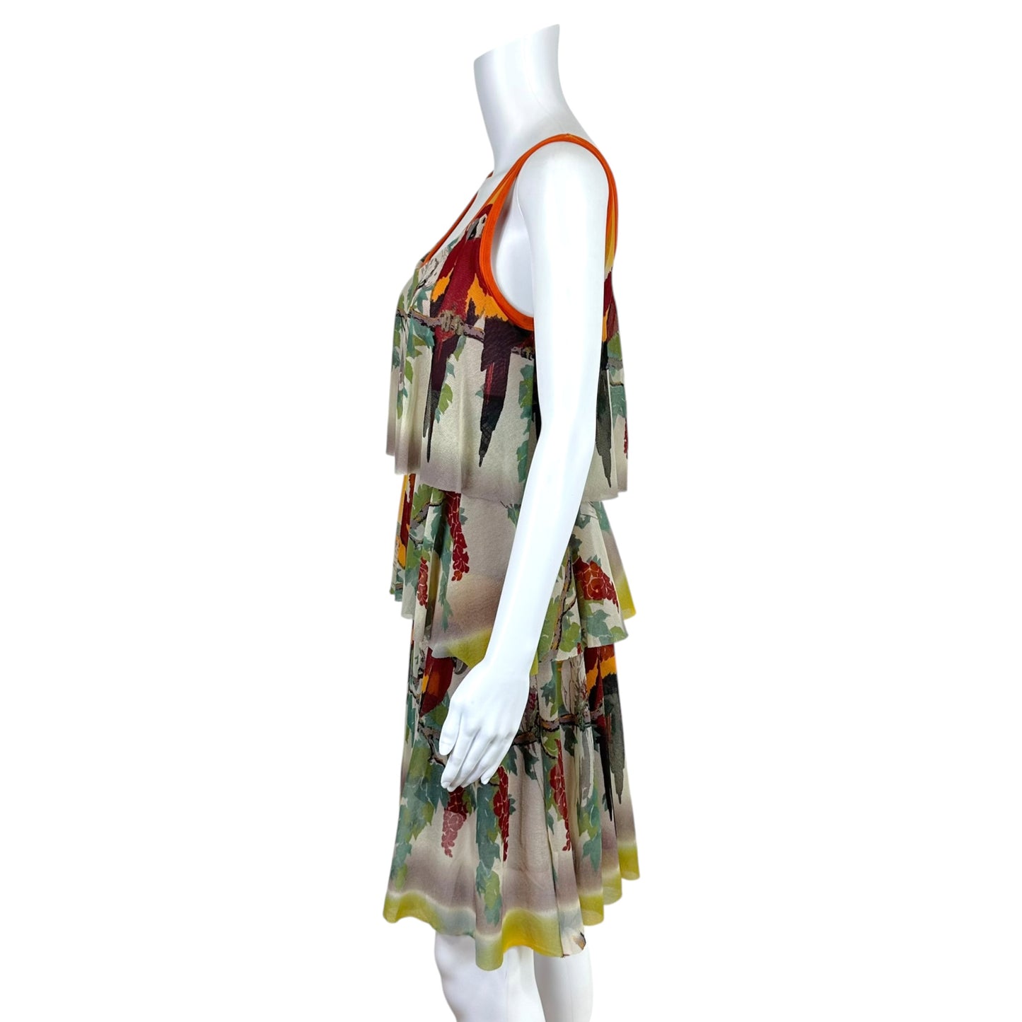 Jean Paul Gaultier Soleil Tropical Parrot Print Tiered Mesh Mini Dress