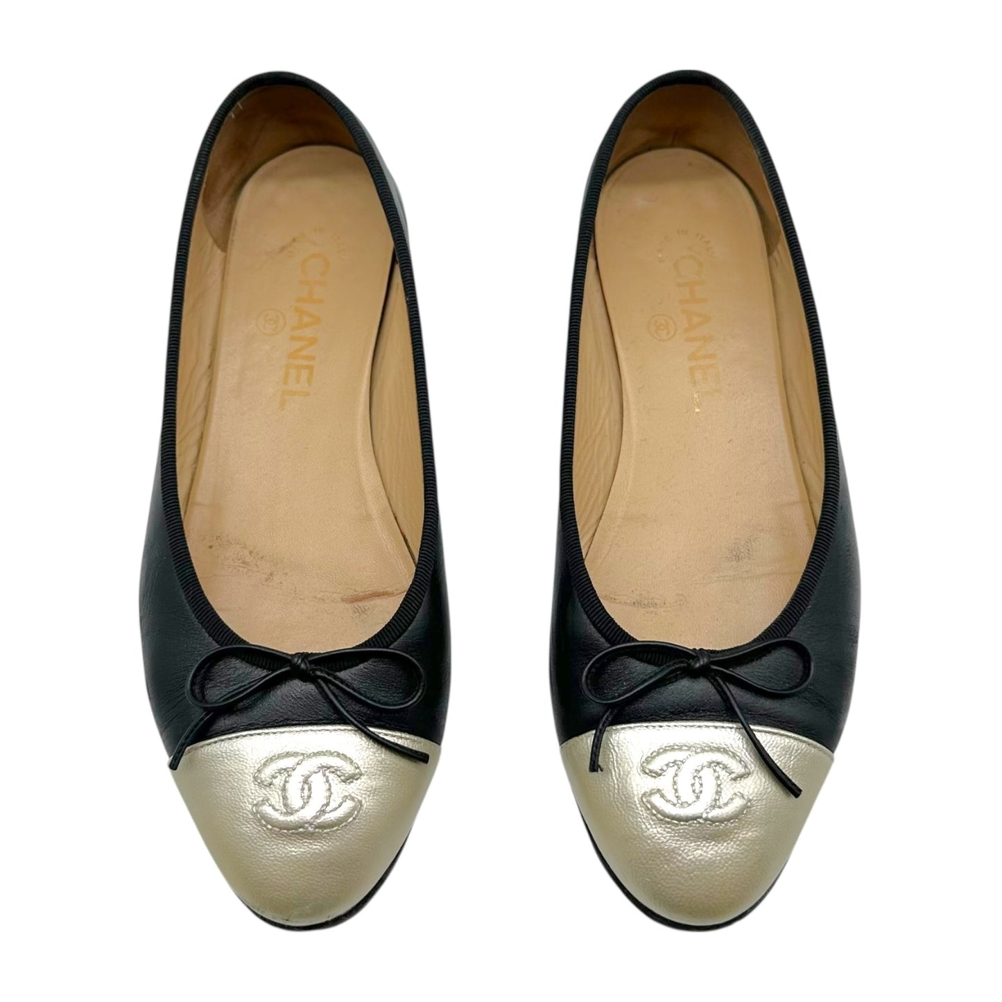 Chanel Metallic Gold & Black Canvas Logo Ballet Flats