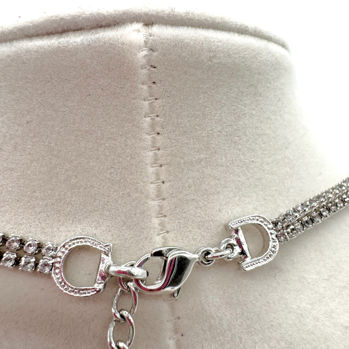 Christian Dior Silver Rhinestone Double Strand Logo Necklace