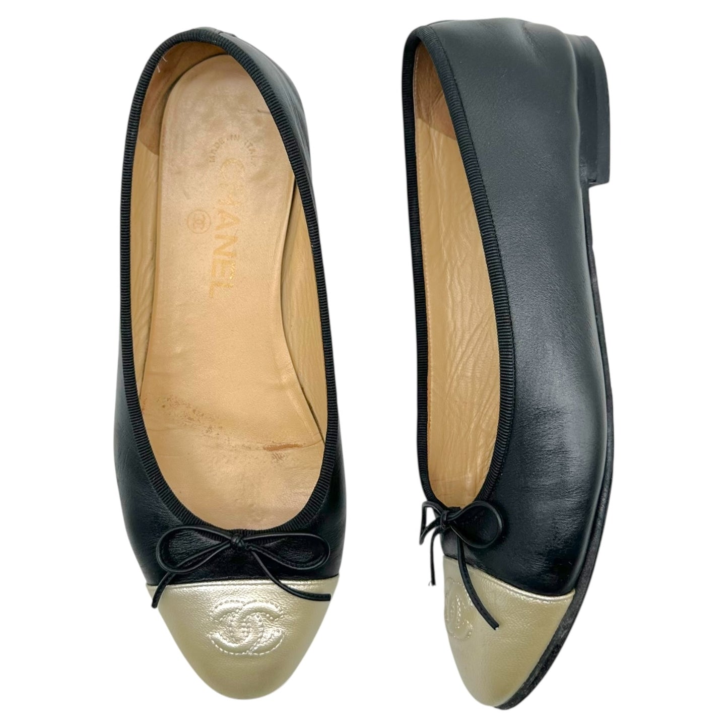 Chanel Metallic Gold & Black Canvas Logo Ballet Flats