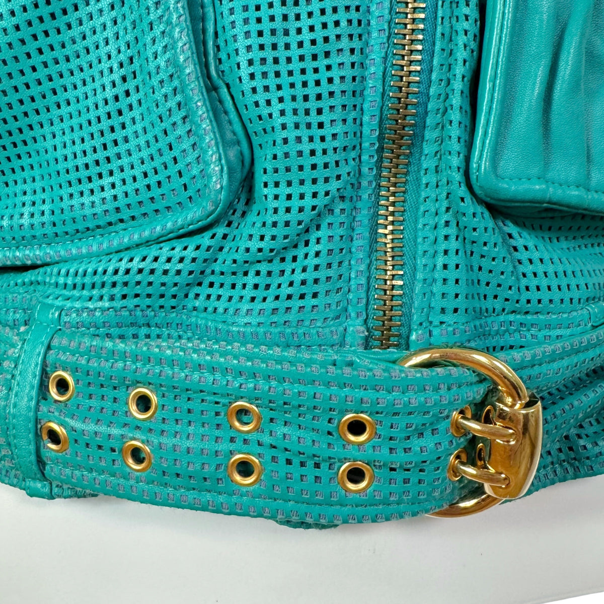 Gucci Cropped Turquoise Perforated Leather Jacket