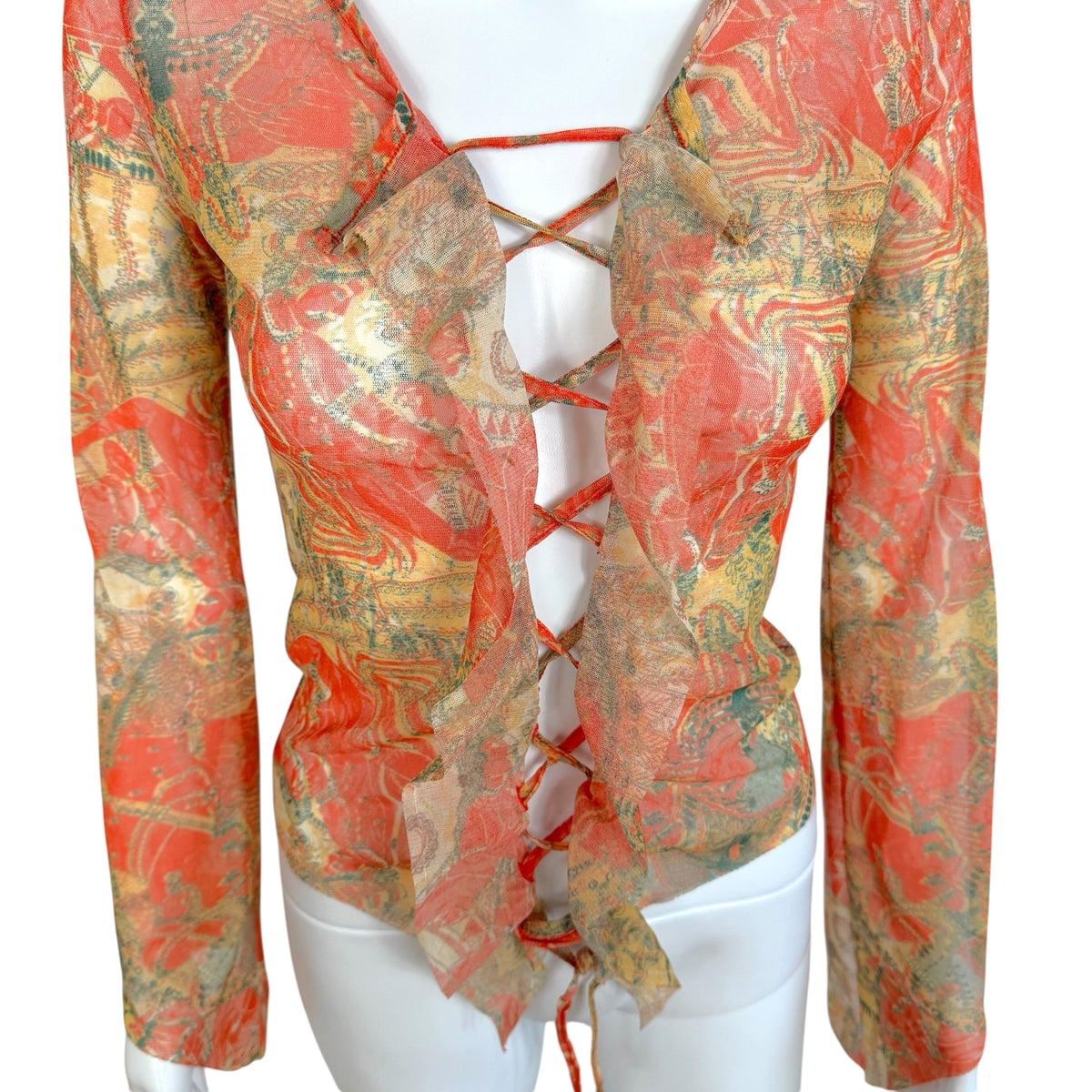 Jean Paul Gaultier Red Beige Paisley Print Mesh Top