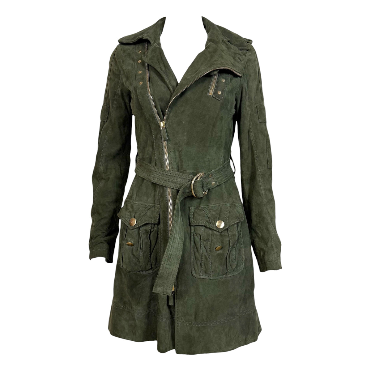 Gucci Suede Trench Coat Khaki Green Zip-Up S