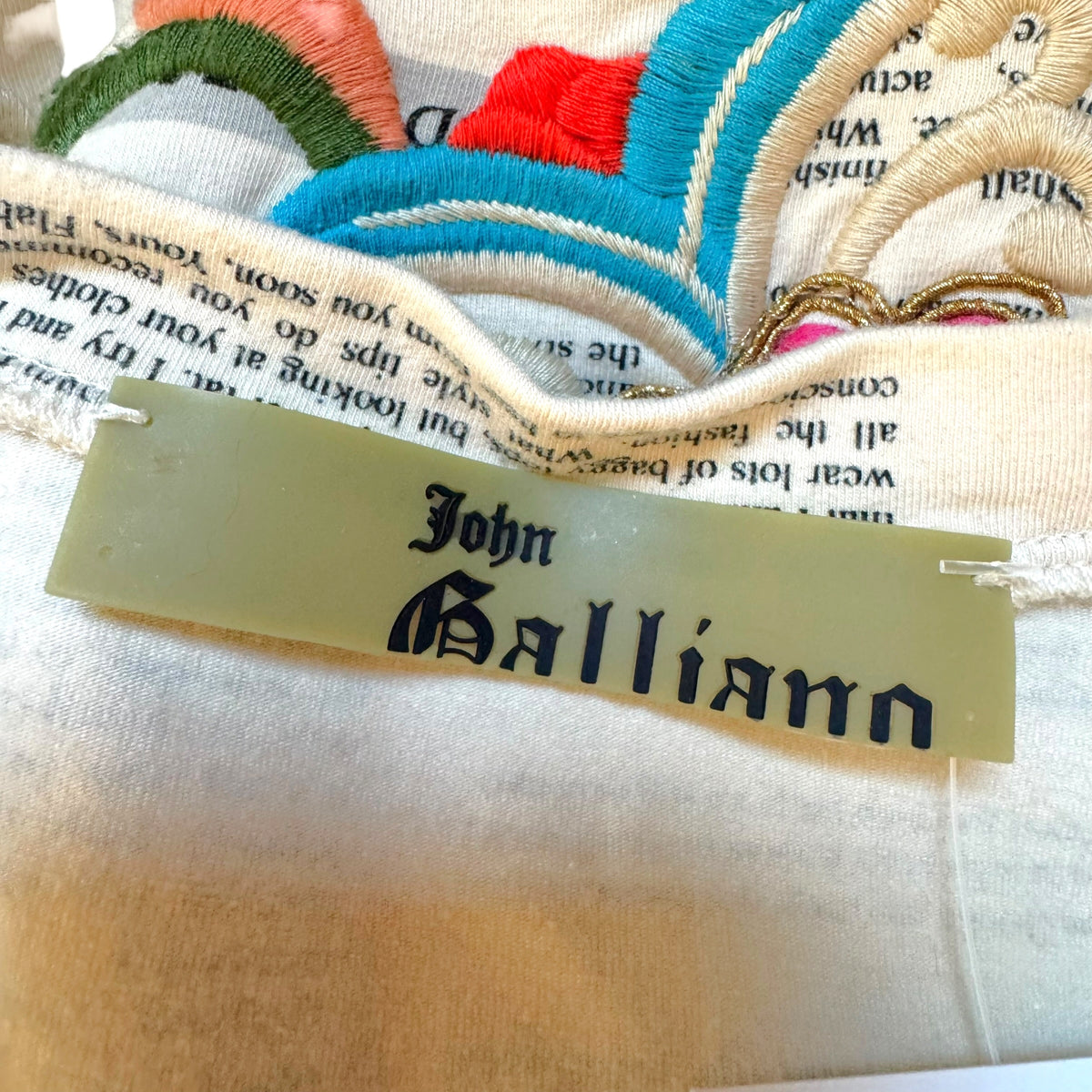John Galliano S/S 2006 Gazette Newsprint & Multicolor Floral Embroidered T-Shirt
