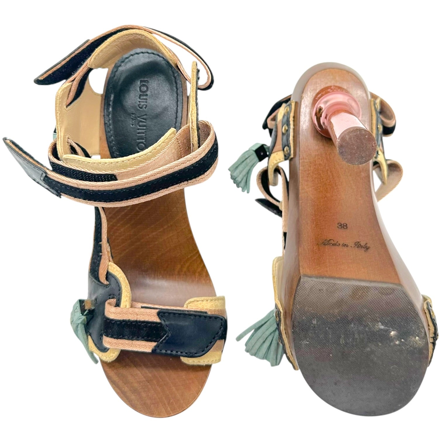 Louis Vuitton Runway Heels Black Beige Wood Metal Tassel