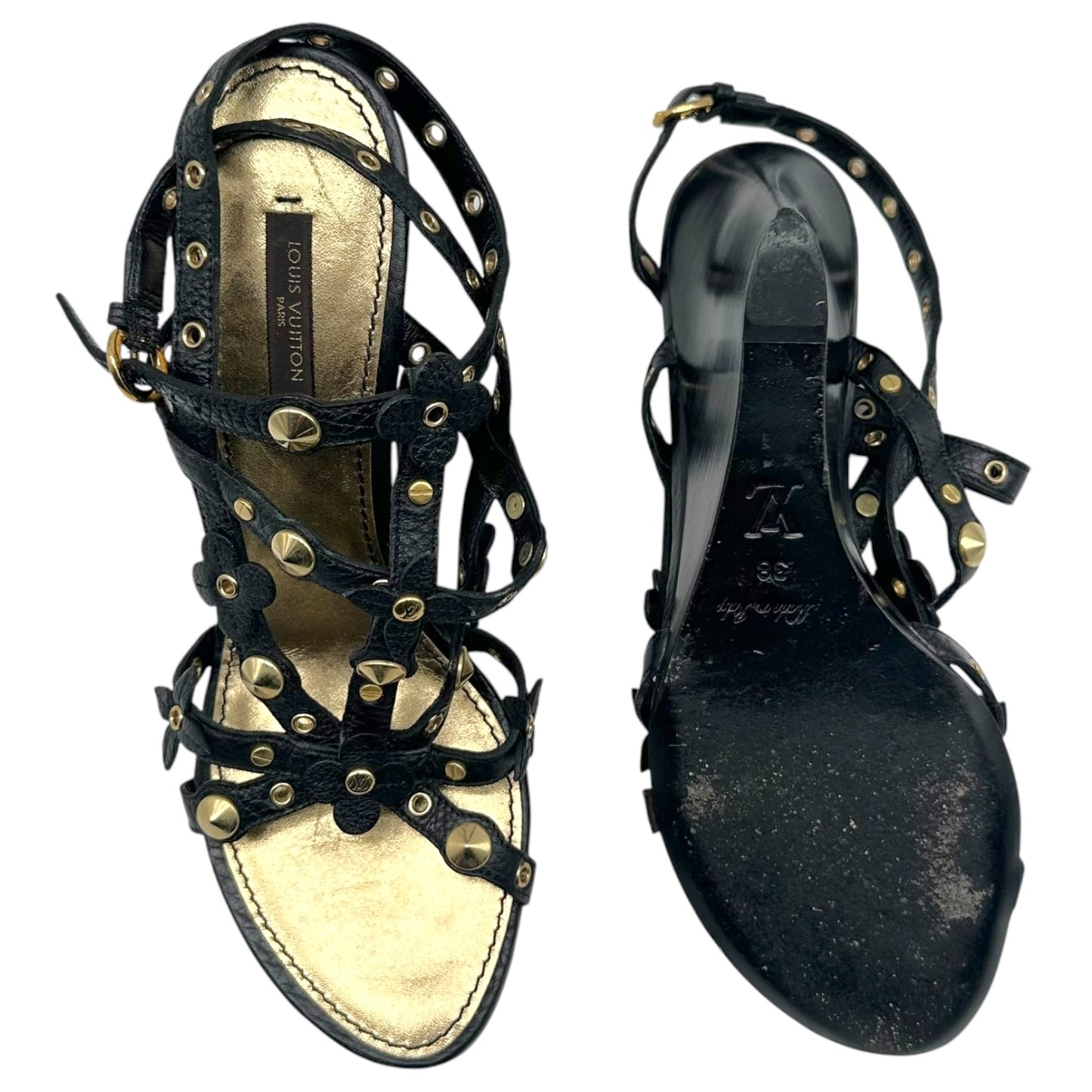 Louis Vuitton Black Leather & Gold Rivet Strappy Wooden Wedge Heeled Sandals