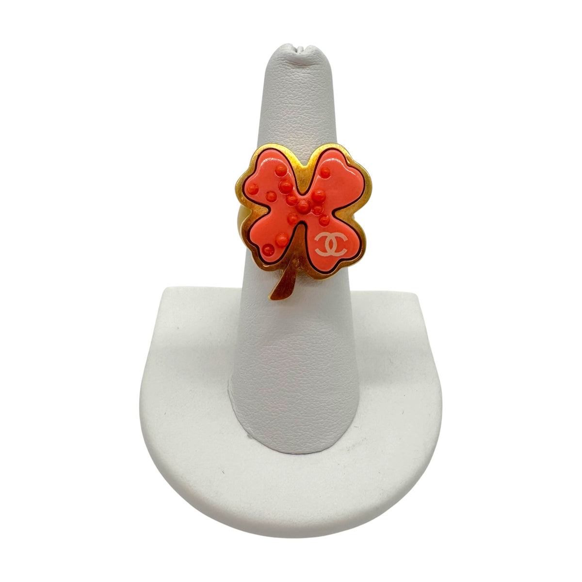 Chanel Four Leaf Clover Logo Ring Pink Gold Size 6