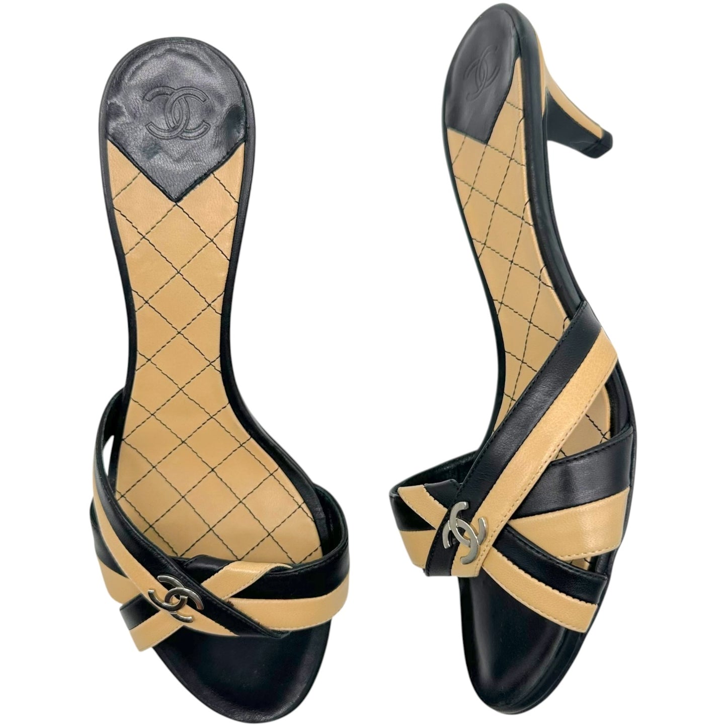 Chanel Black & Tan Striped Leather Kitten Heel Mule Sandals