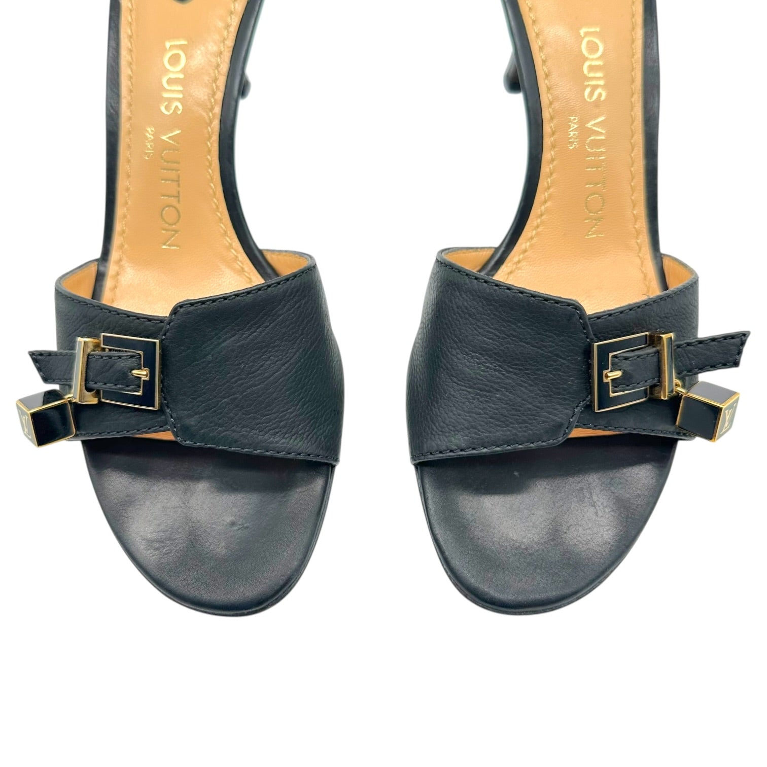 Louis Vuitton Black Leather Gold Logo Charm Kitten Heel Mules
