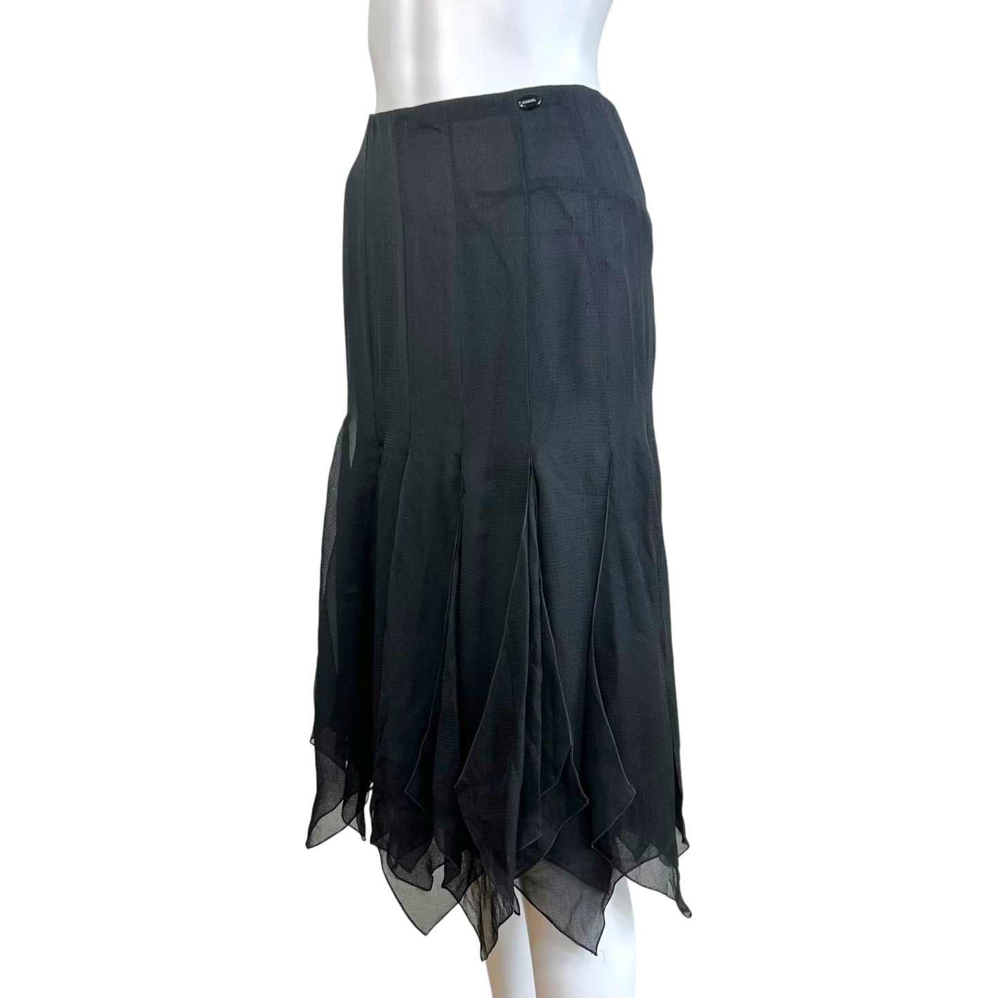 Chanel Black Silk Asymmetrical Hem Midi Skirt