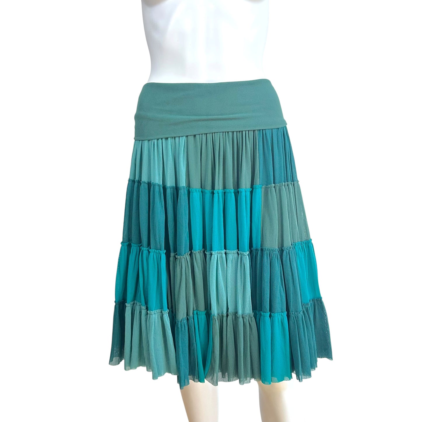 Jean Paul Gaultier Soleil Turquoise Patchwork Tiered Mesh Midi Skirt