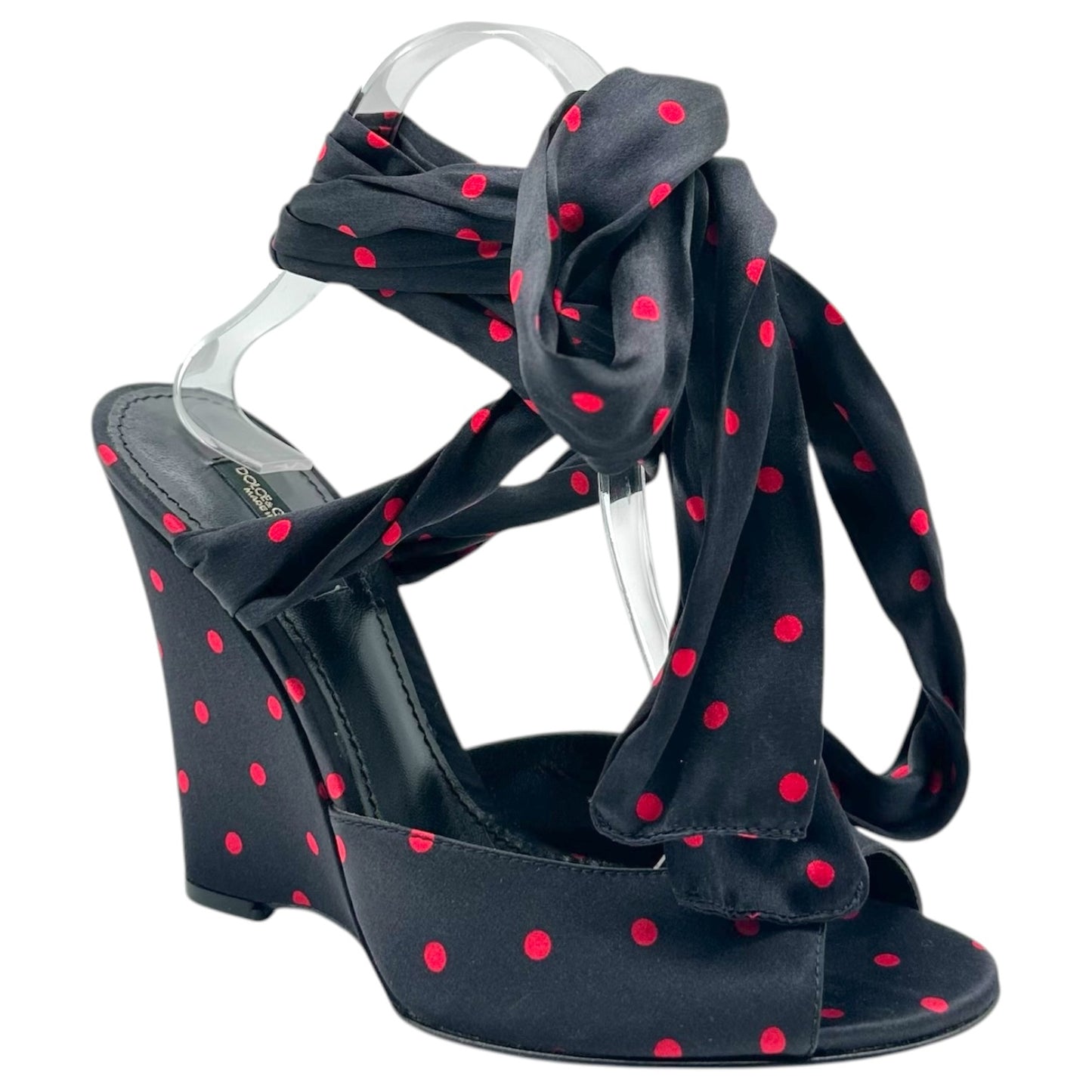 Dolce & Gabbana Black & Red Silk Wedge Peep-Toe Wrap Heels