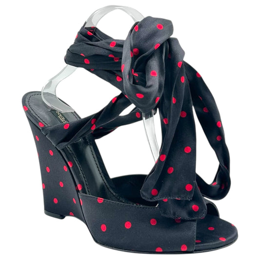 Dolce & Gabbana Black Red Silk Wedge Peep-Toe Heels