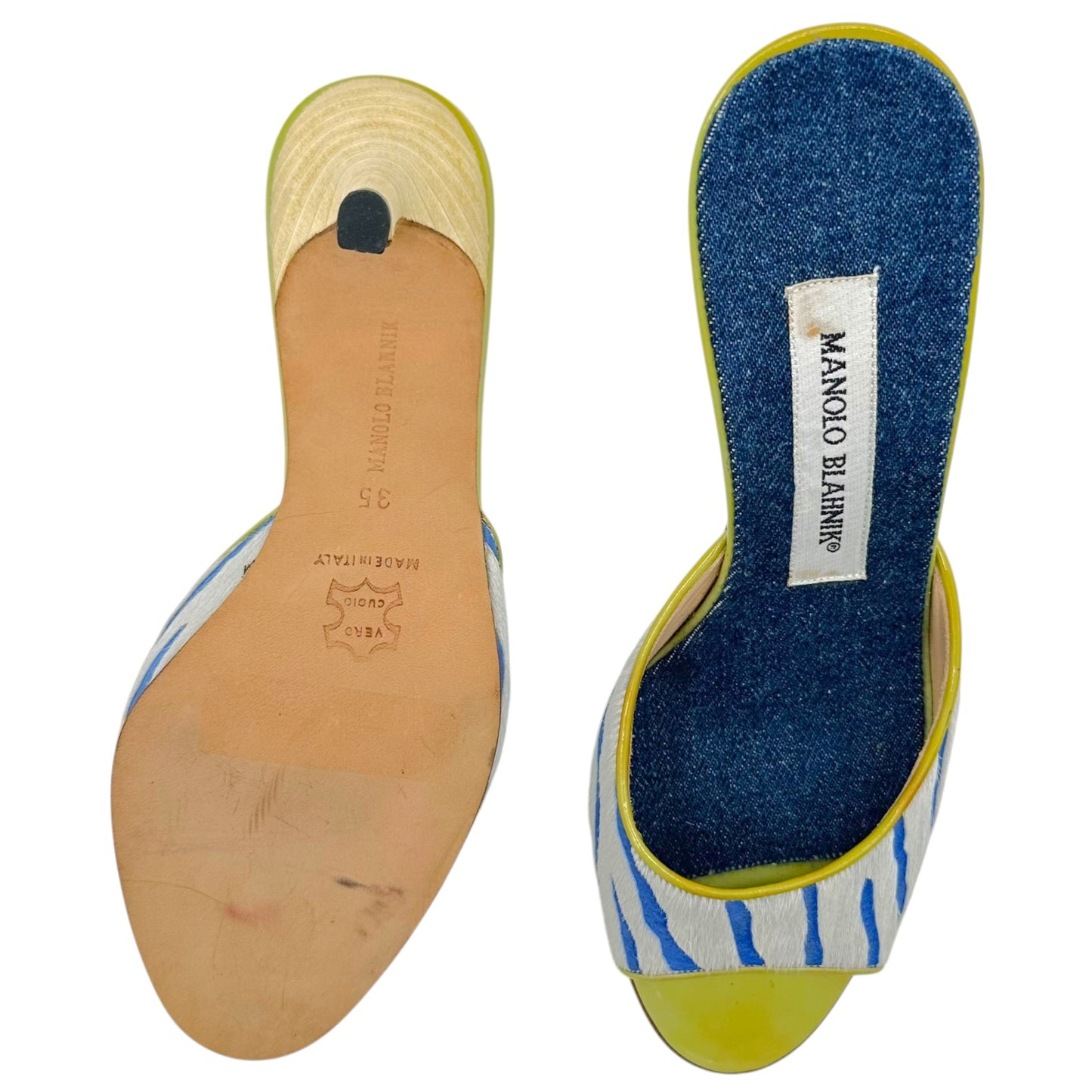 Manolo Blahnik Blue & Green Zebra Print Ponyhair Mule Heels