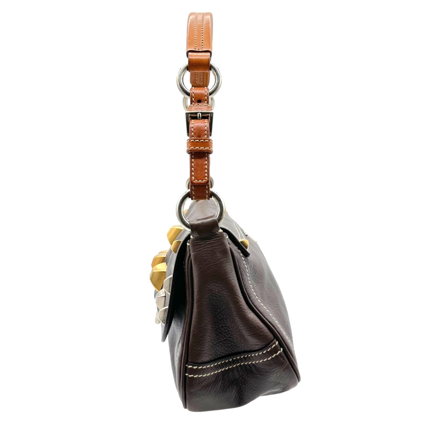 Prada Brown Leather Mixed Metal Studded Shoulder Bag