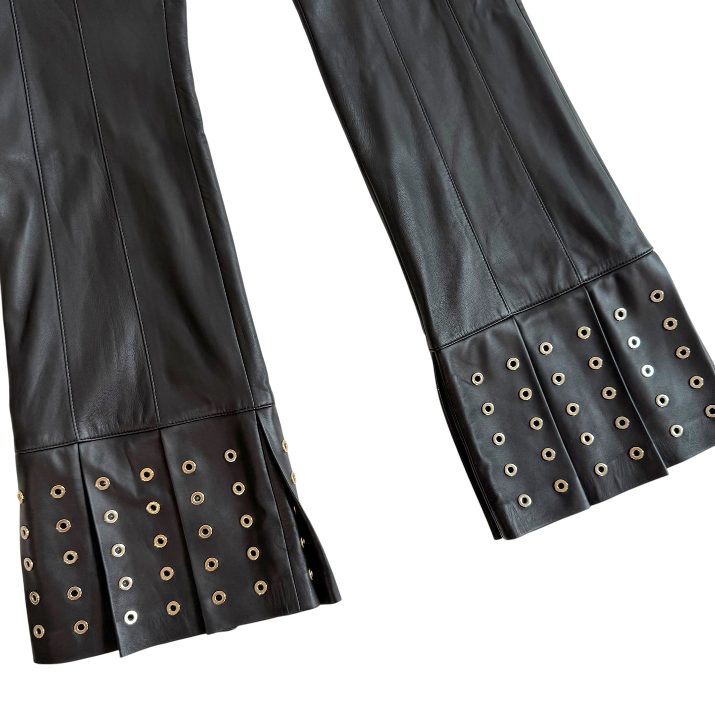 Escada Black Lambskin Leather Studded Fringe Trim Pants