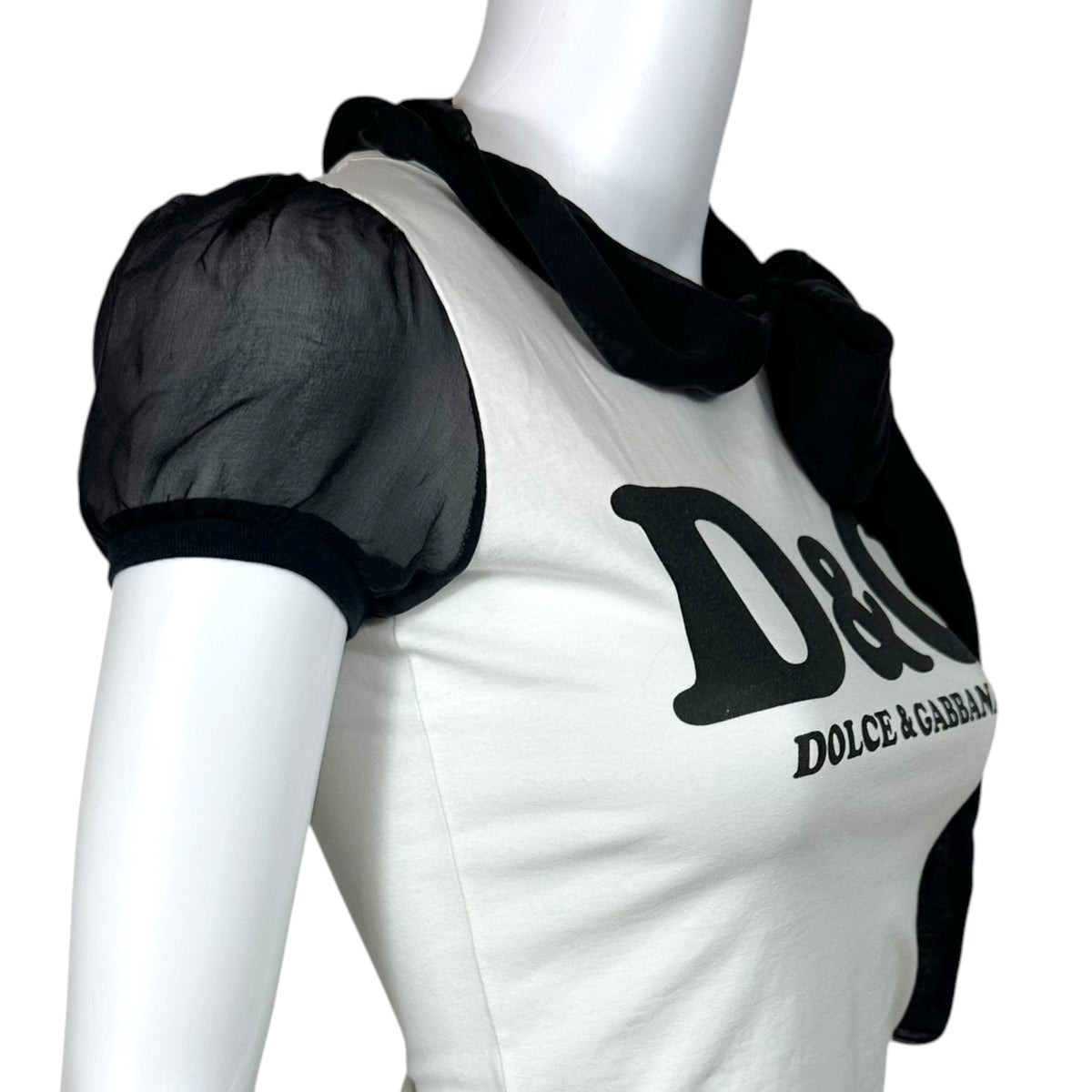 D&G Dolce & Gabbana Silk Tie-Neck Black & White Logo T-Shirt