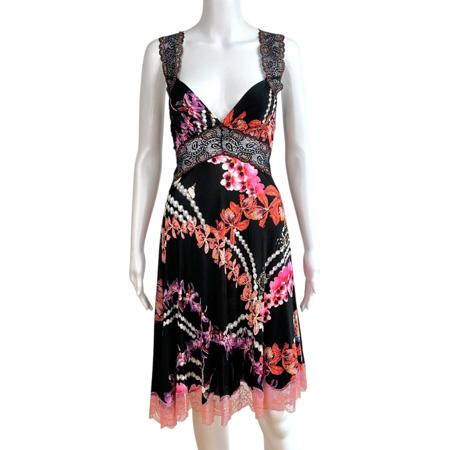Roberto Cavalli Black Pink Floral Lace Trim Midi Dress