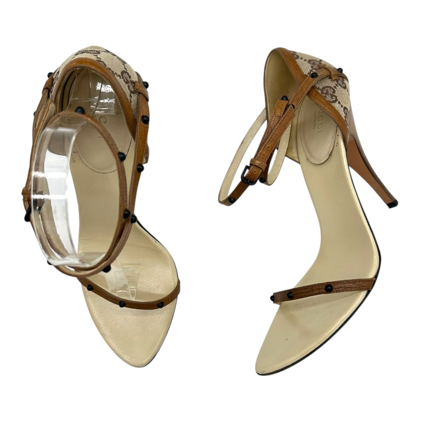 Gucci Tan Monogram and Ivory Leather Trim Studded Heels - Outfit Repeater