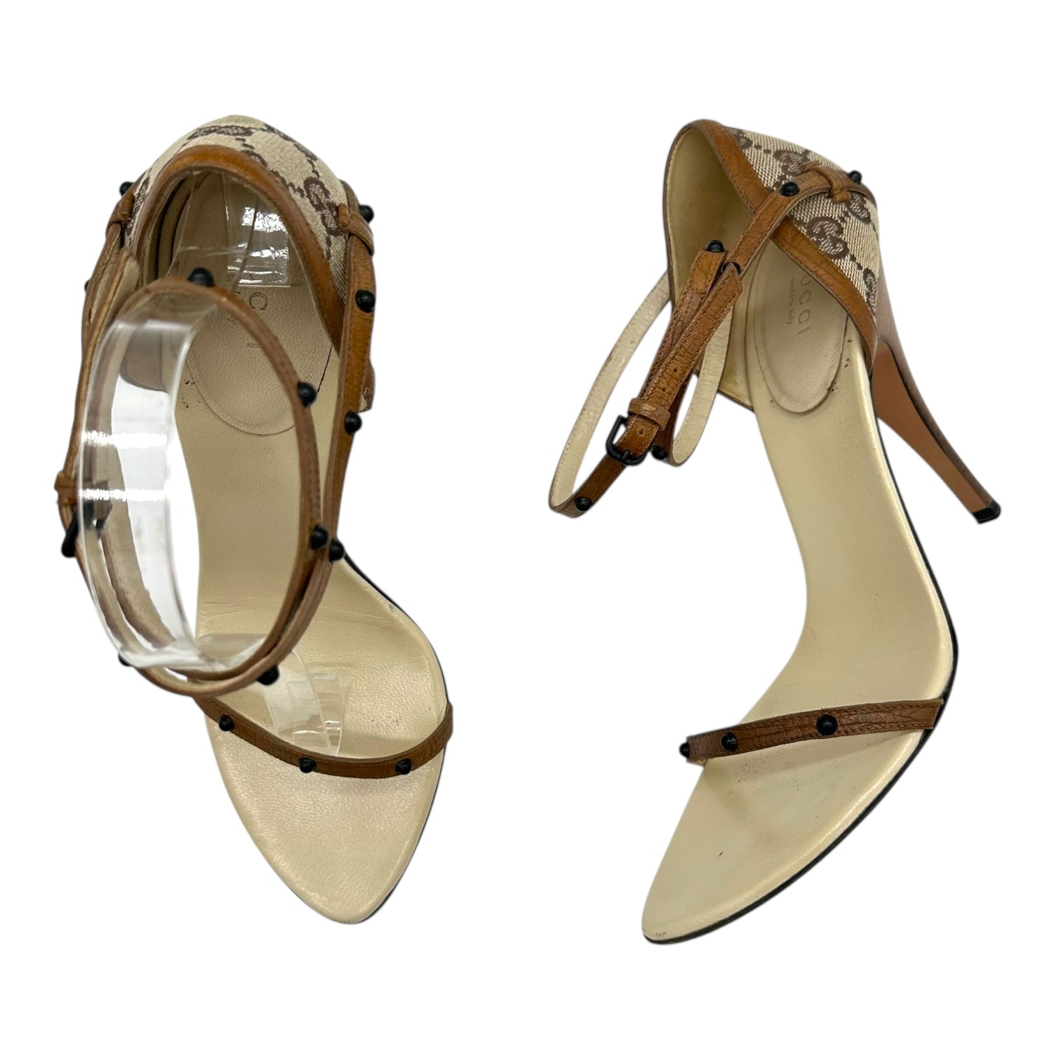 Gucci Tan Monogram and Ivory Leather Trim Studded Heels - Outfit Repeater