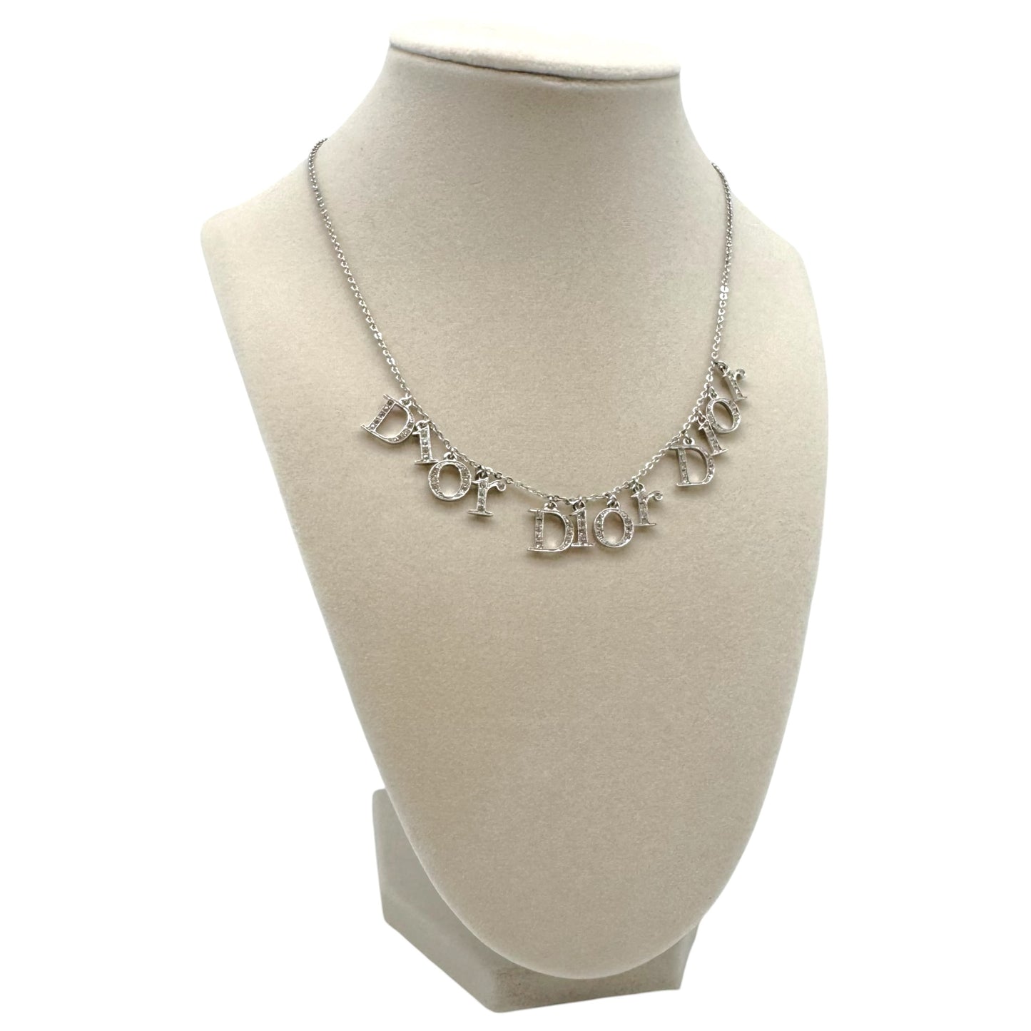 Christian Dior Silver Crystal Triple Logo Charm Necklace
