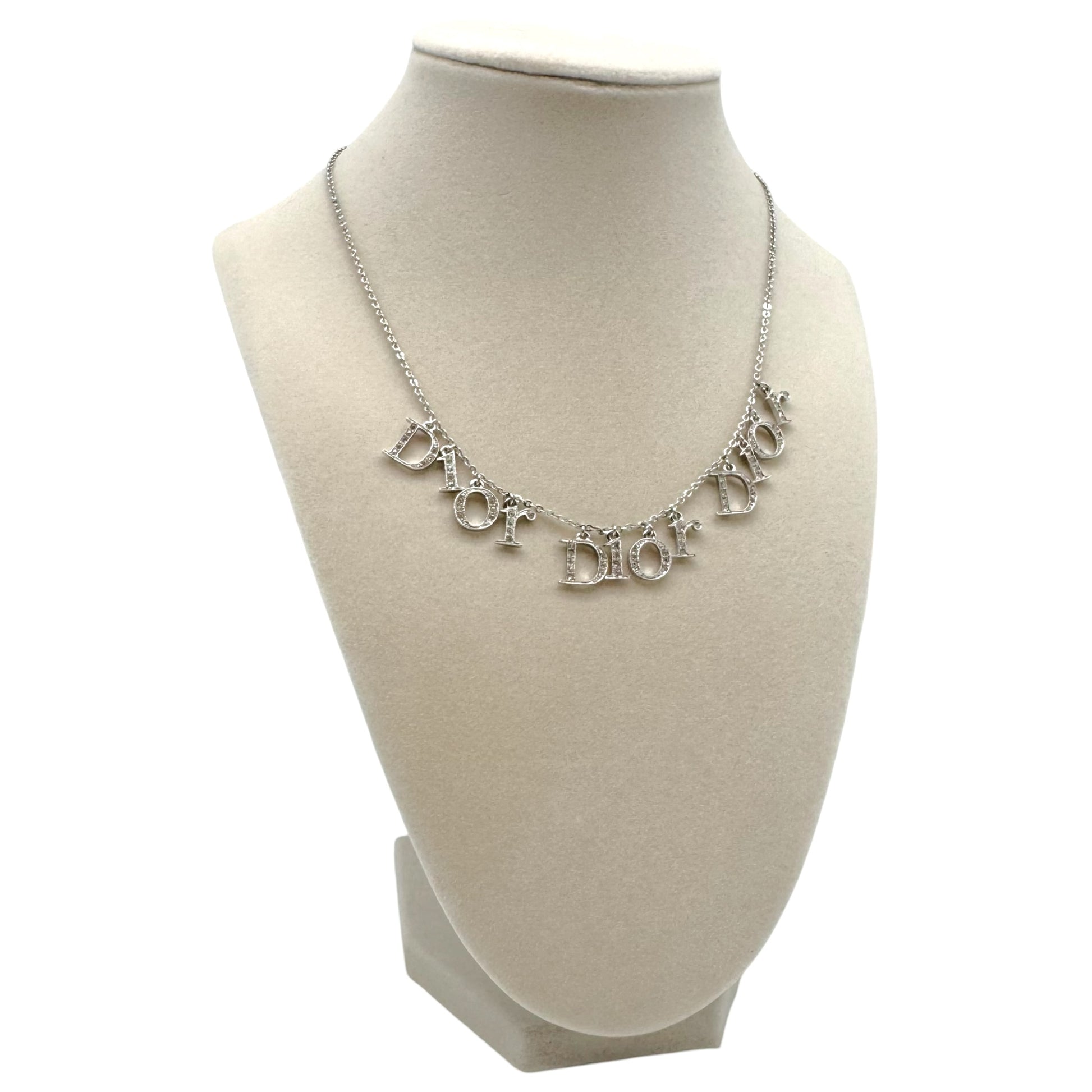 Christian Dior Silver Crystal Triple Logo Charm Necklace