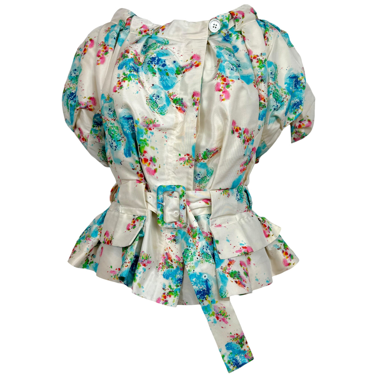 John Galliano Silk Jacket White Turquoise Multi Spot Print