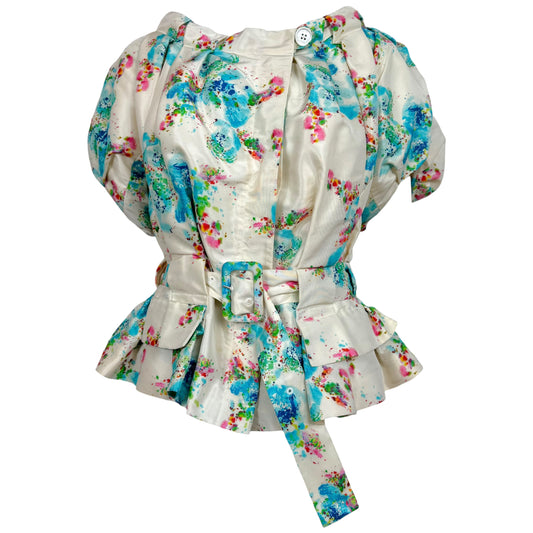 John Galliano Silk Short Sleeve Jacket White Turquoise Spot Print