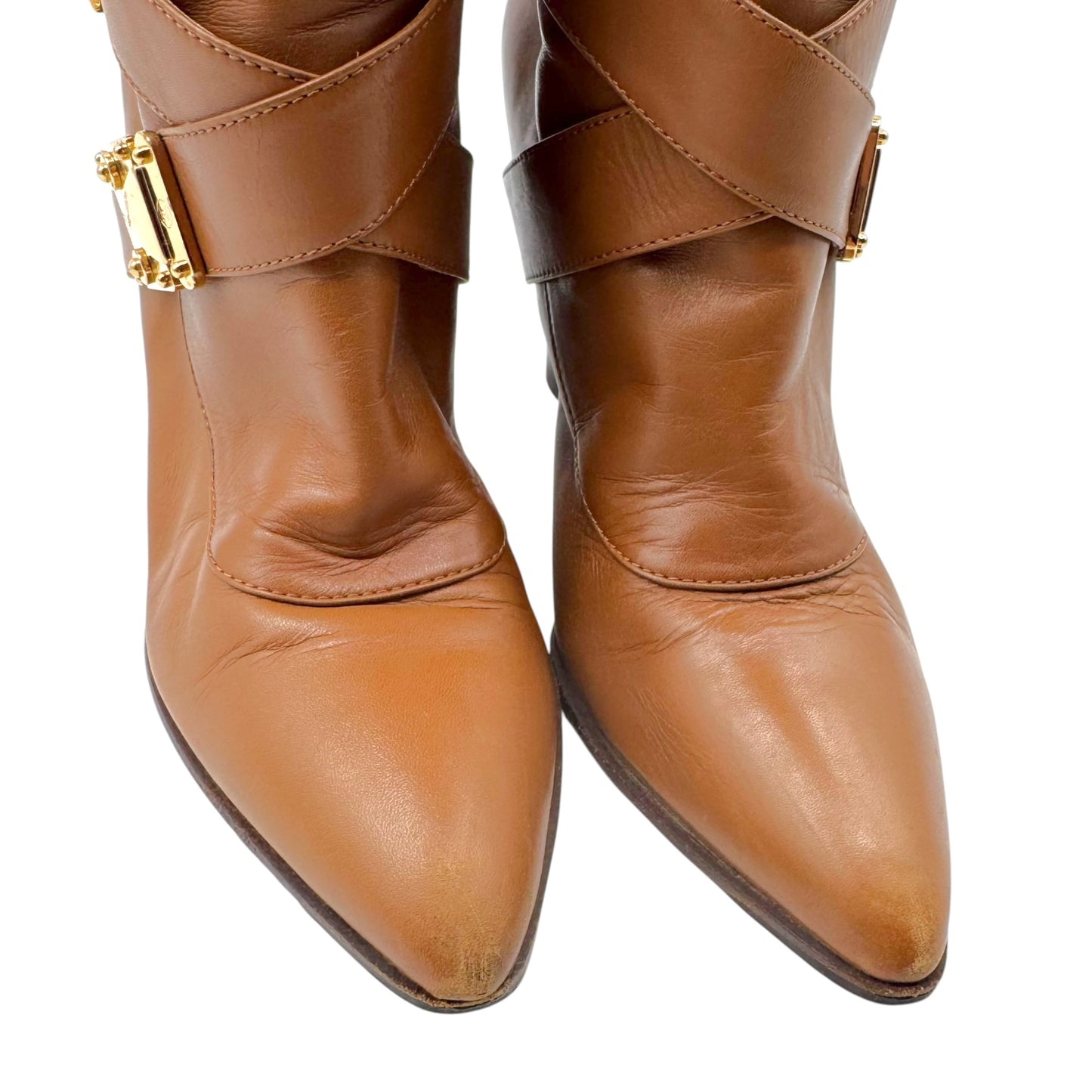 Louis Vuitton Tan Leather & Gold Trunk Lock Heeled Boots