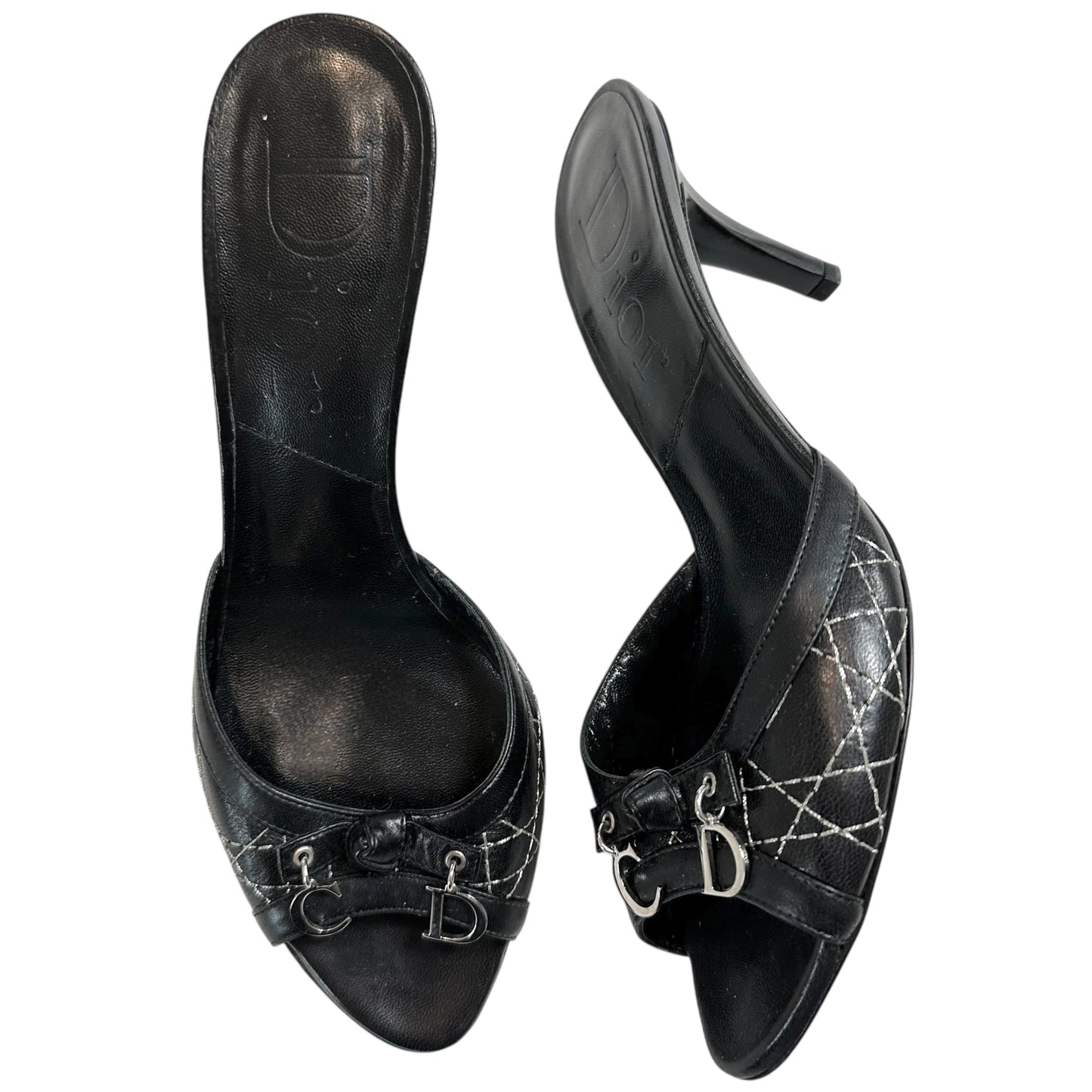 Christian Dior Black Leather Cannage Heeled Mule Sandals - Outfit Repeater