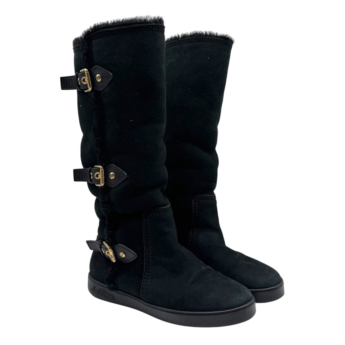 Louis Vuitton Black Sheepskin Ugg Buckle Boots