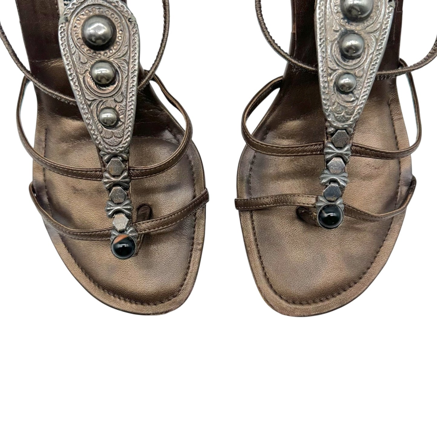 Manolo Blahnik Bronze Studded Metal Sandal Heels