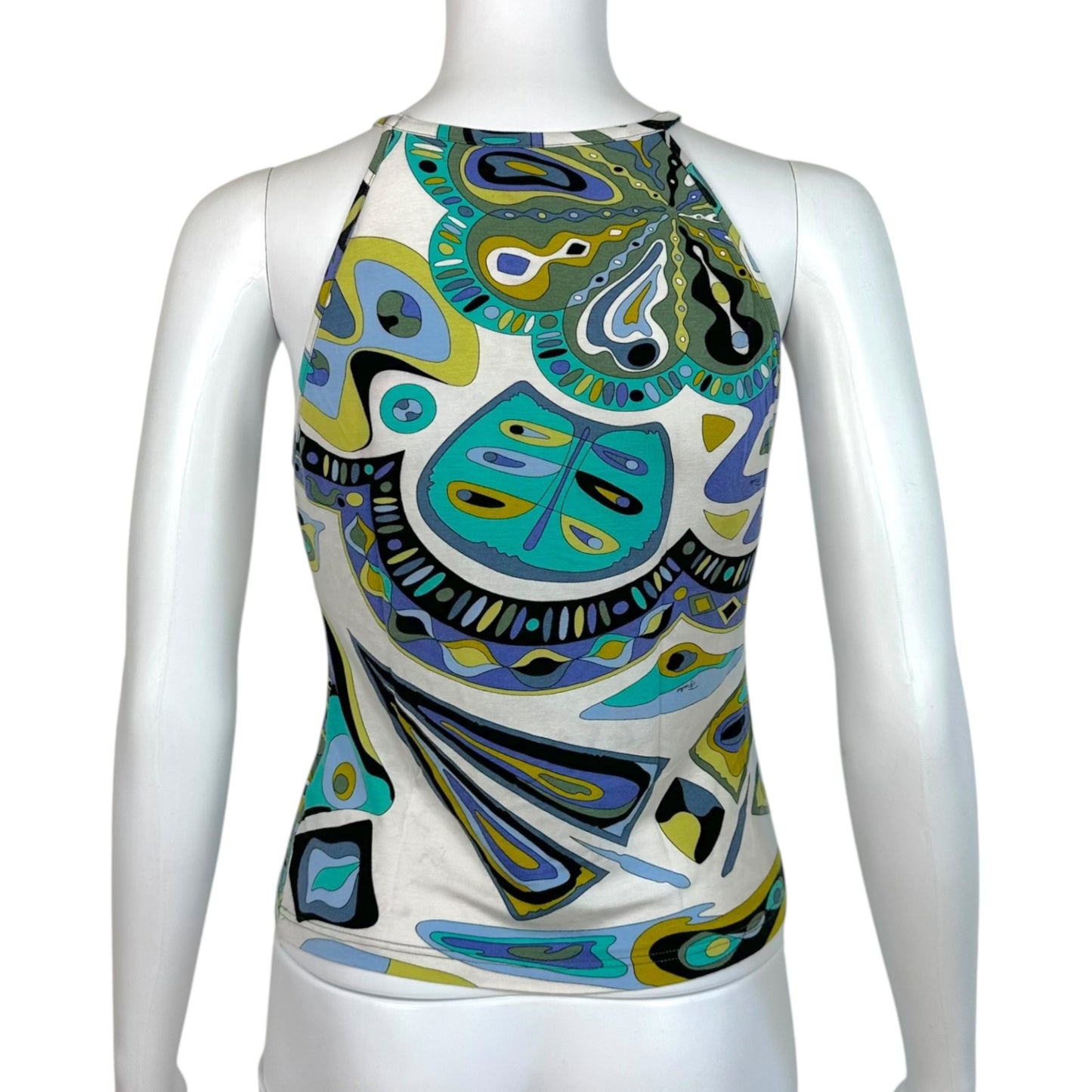 Emilio Pucci Blue & White Printed Keyhole Cut-Out Tank