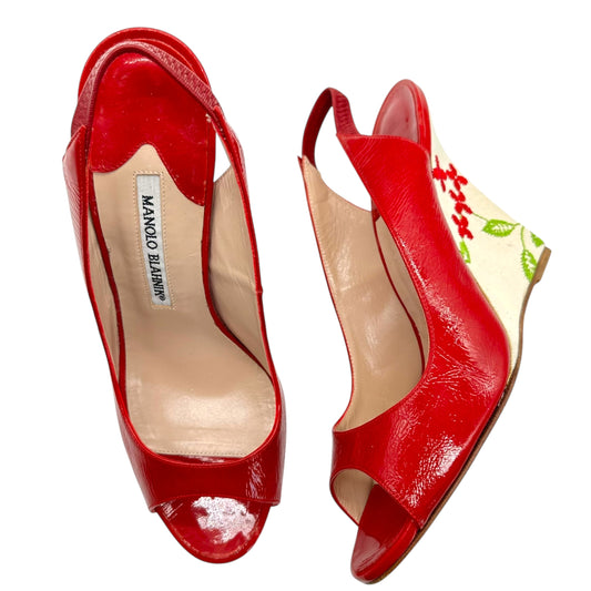Manolo Blahnik Red Leather & Floral Embroidered Slingback Wedges