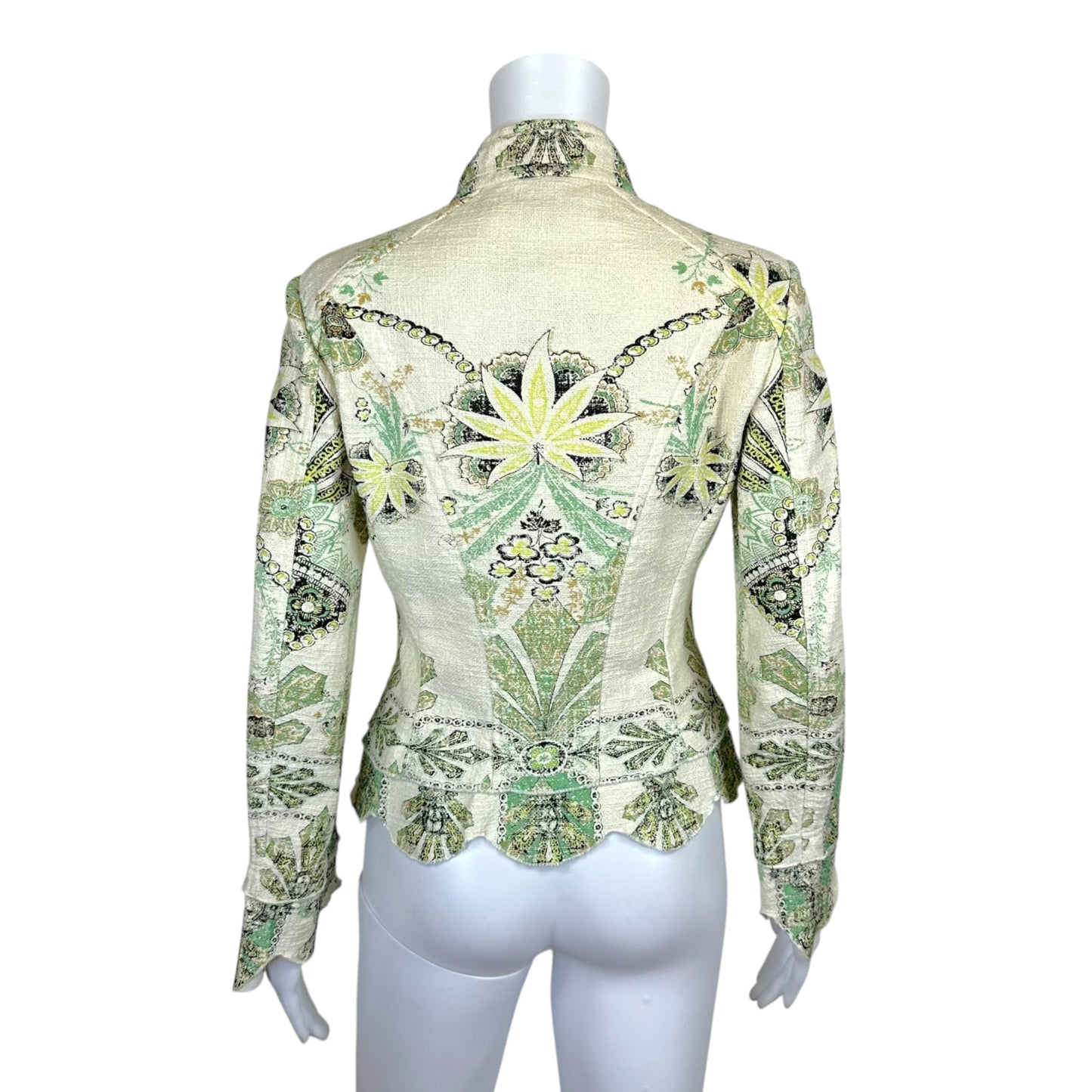 Roberto Cavalli 2007 White & Green Metallic Floral Print Bustier Jacket