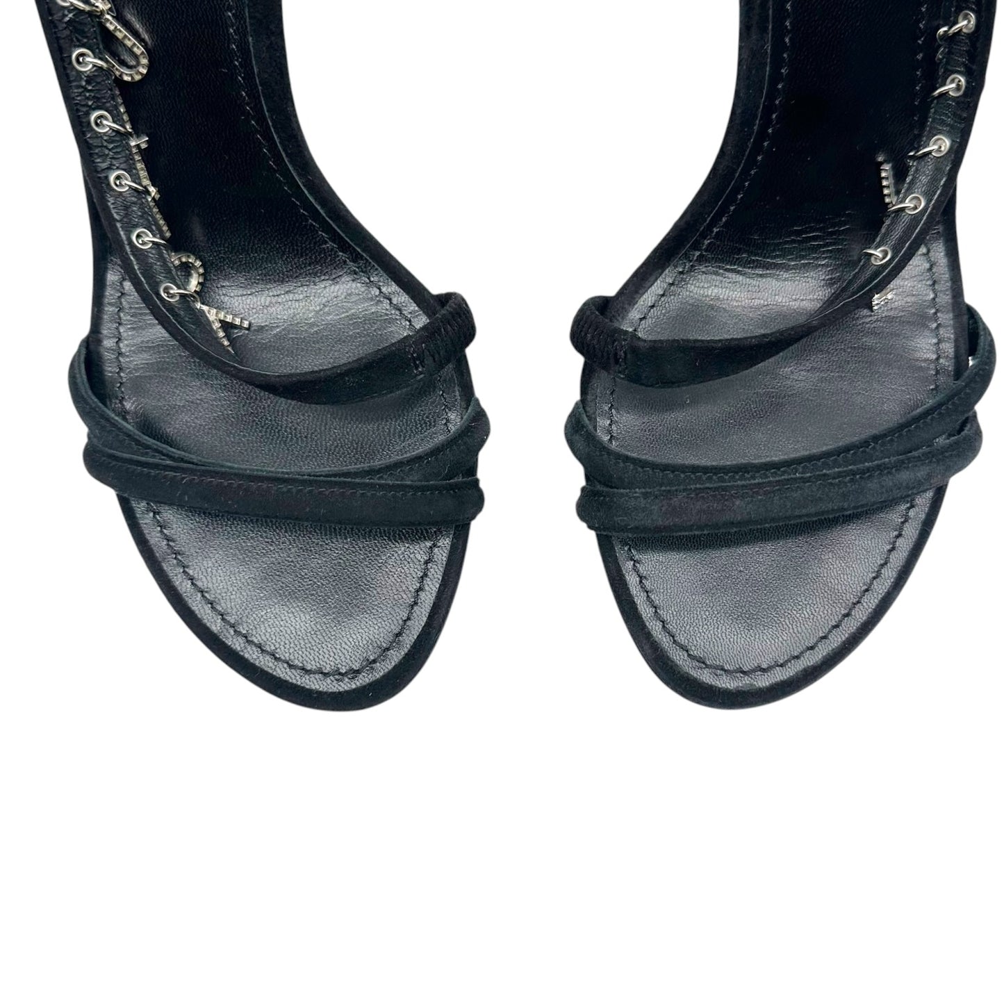 Louis Vuitton Melody Rhinestine Logo Charm Black Suede Platform Heeled Sandals