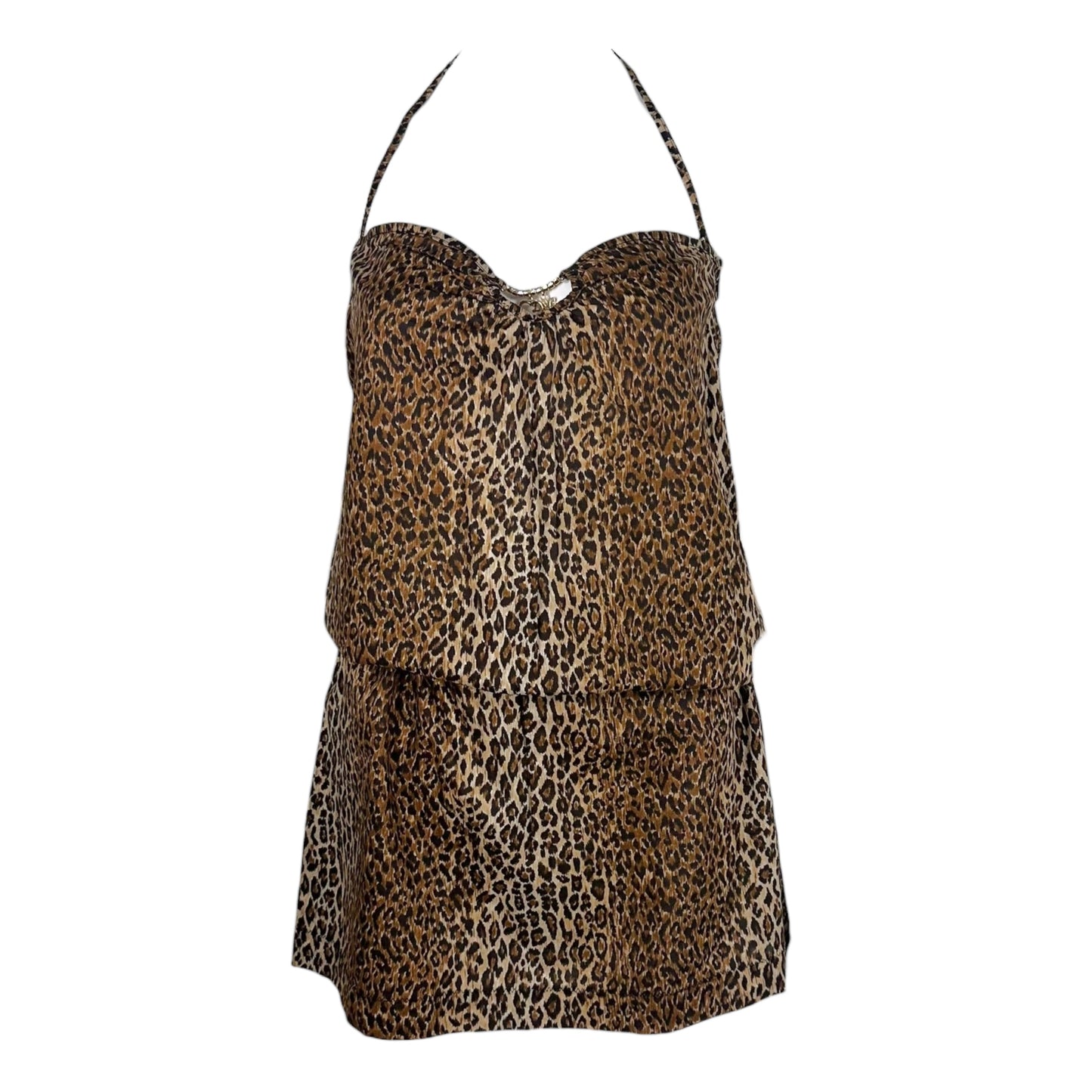 Dolce & Gabbana Beachwear Semi-Sheer Leopard Print Logo Charm Halter Dress