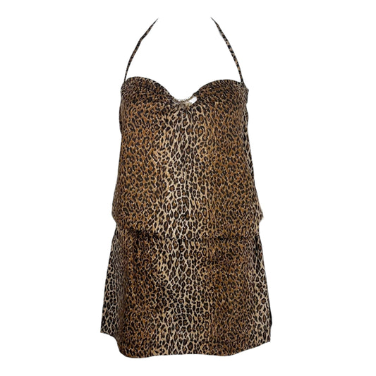 Dolce & Gabbana Beachwear Semi-Sheer Leopard Print Logo Charm Halter Dress