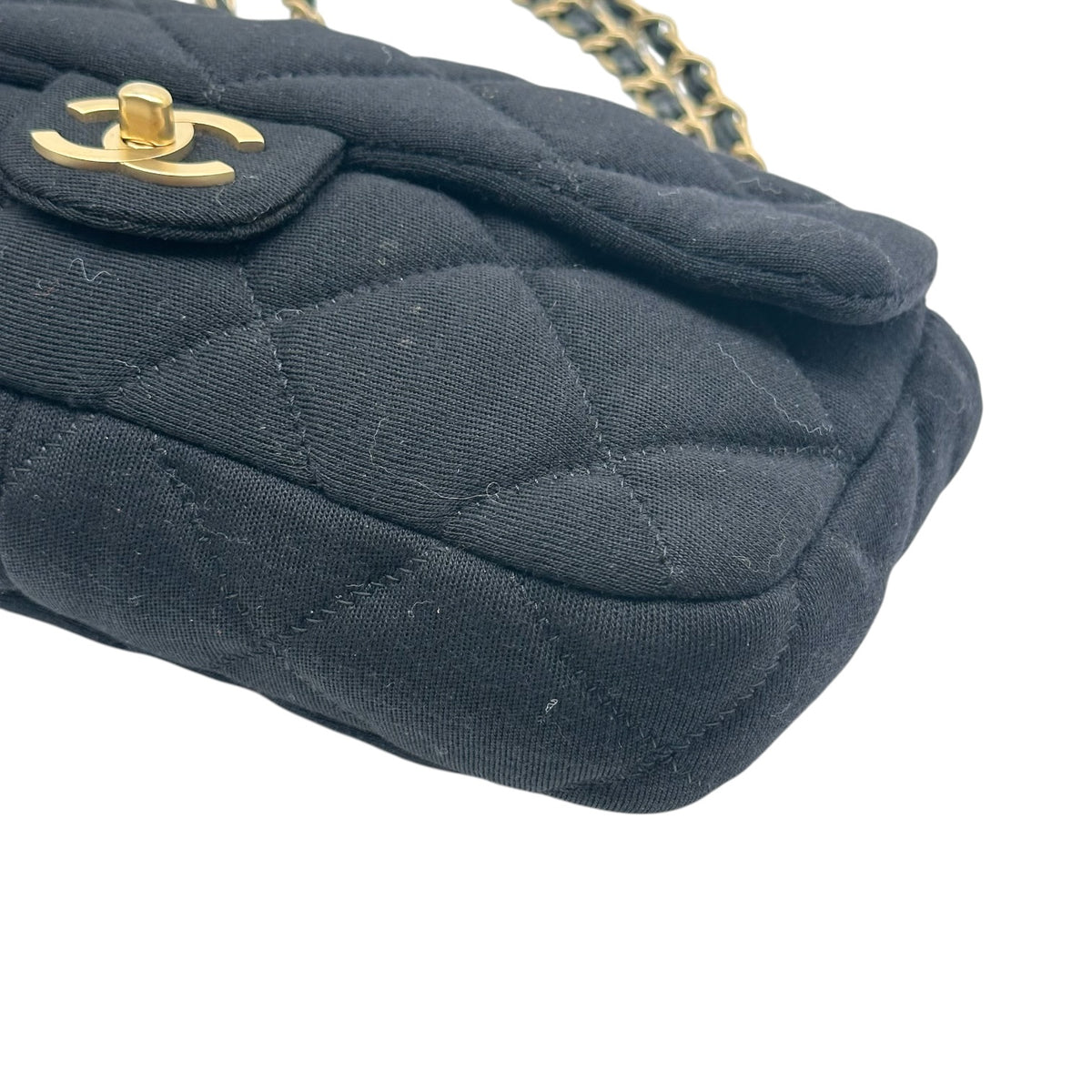 Chanel Small Flap Shoulder Bag Black Gold Quilted Jersey