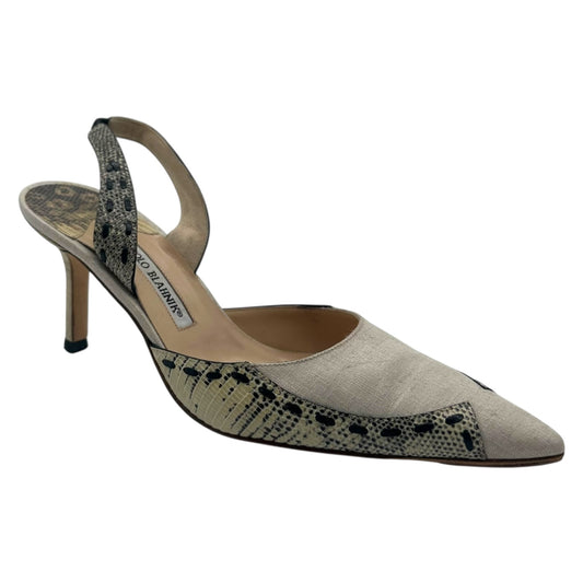 Manolo Blahnik Lizard & Linen Slingback Heels