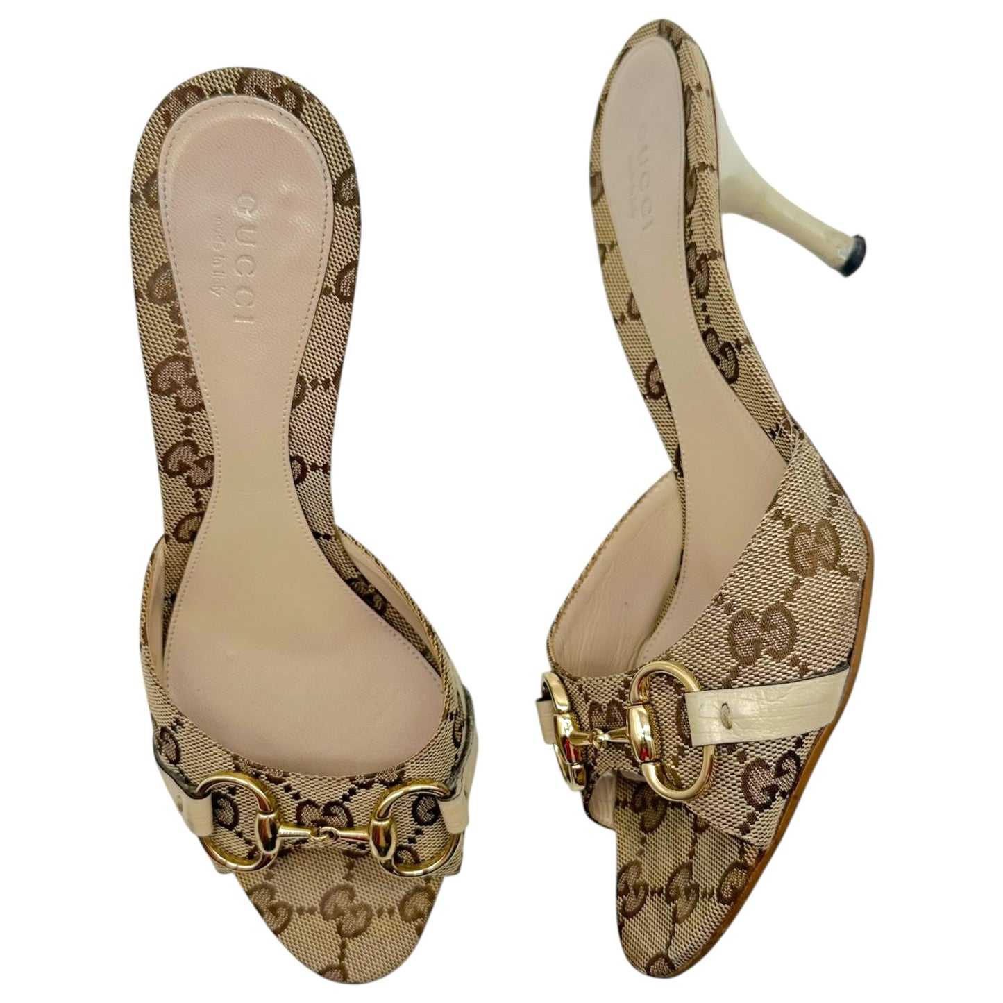 Gucci Tan Monogram Horsebit Heeled Mule Sandals