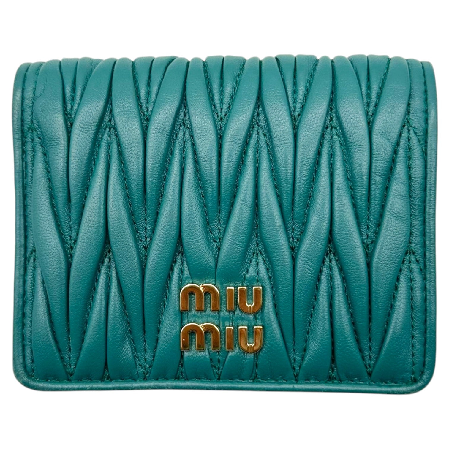 Miu Miu Bi-Fold Wallet Teal Green Matelasse Quilted Leather