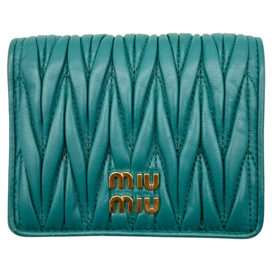 Miu Miu Bi-Fold Wallet Teal Green Matelasse Quilted Leather