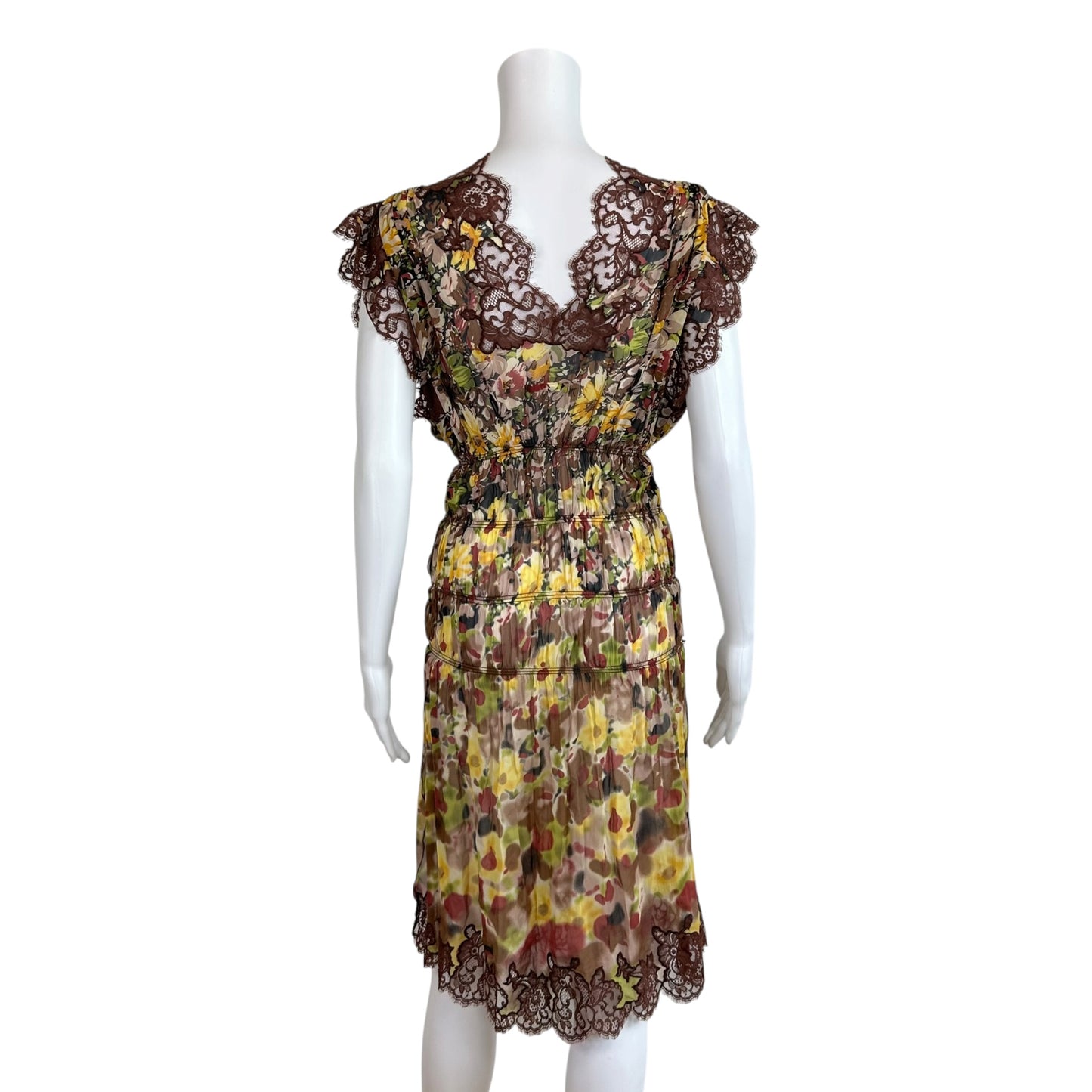 Jean Paul Gaultier Multicolor Floral Sheer Silk & Lace Side-Slit Mini Dress