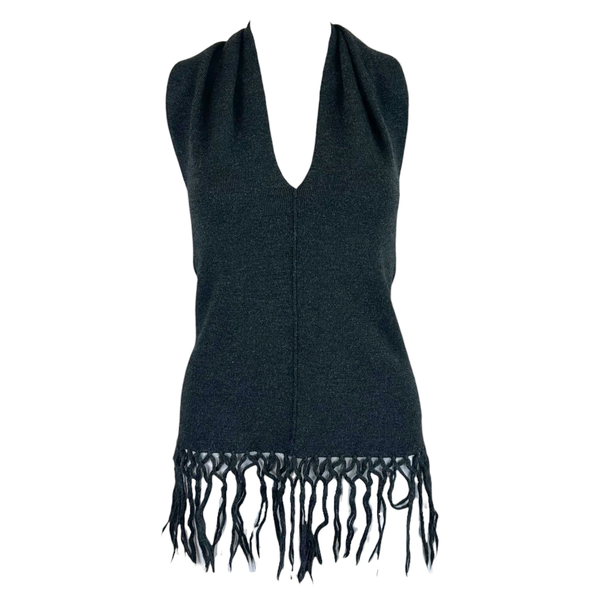 Jean Paul Gaultier Gray Knit Halter Top With Fringe Trim