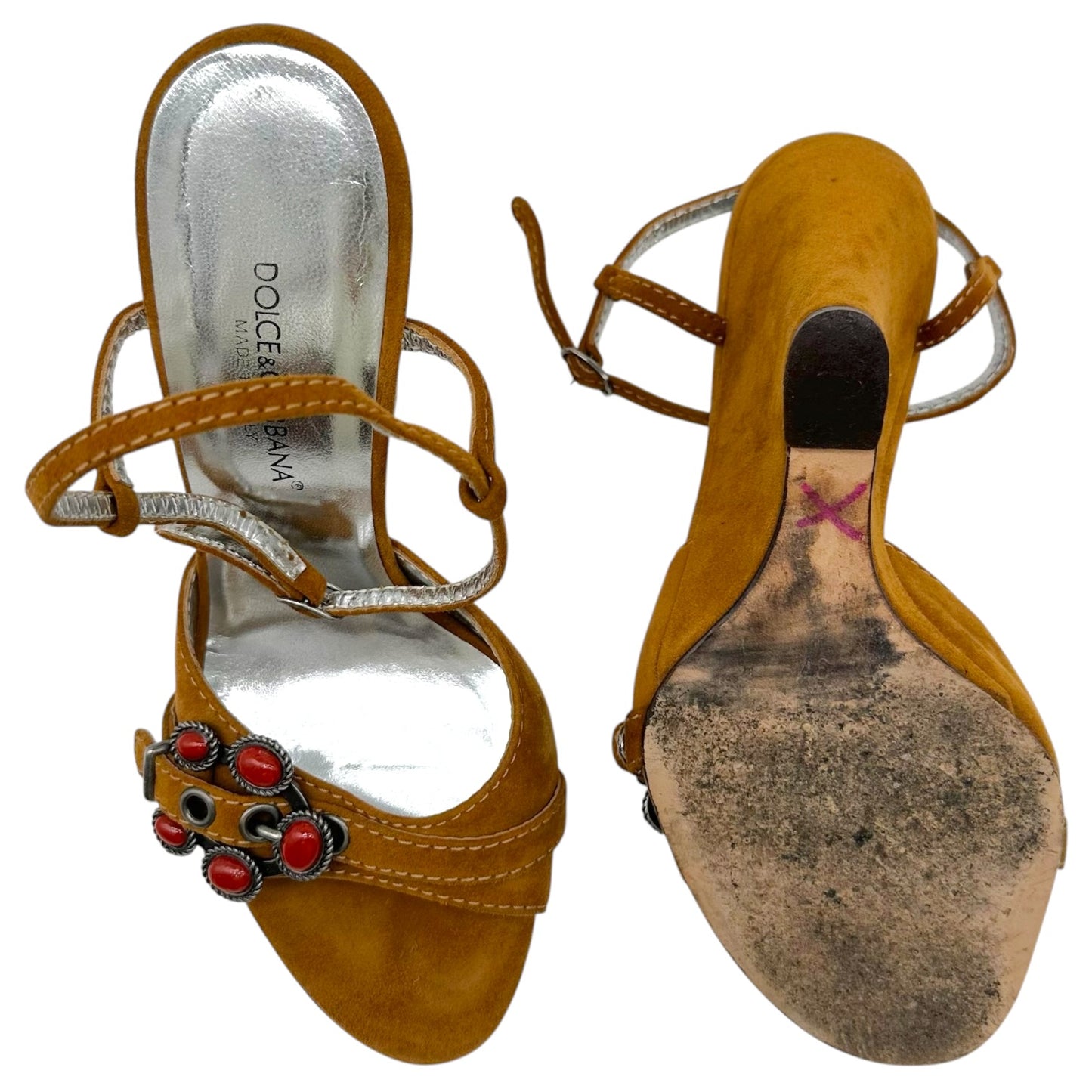 Dolce & Gabbana Brown Suede Wedge Heels with Red Stones