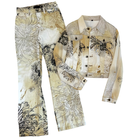Just Cavalli Roberto Cavalli Beige & Black Floral Printed Jeans & Jacket Set