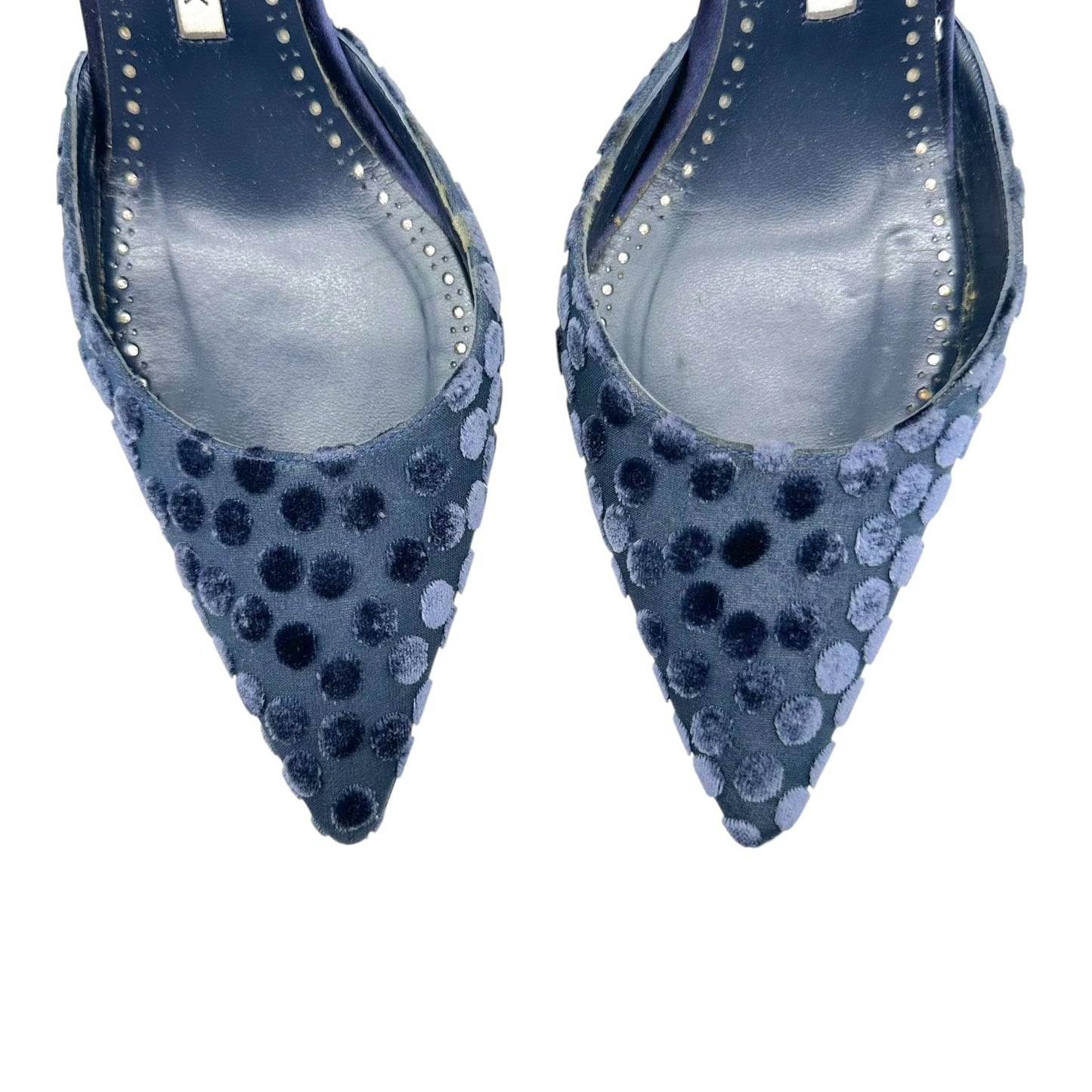 Manolo Blahnik Navy Blue Velvet Polka Dot Slingback Heels