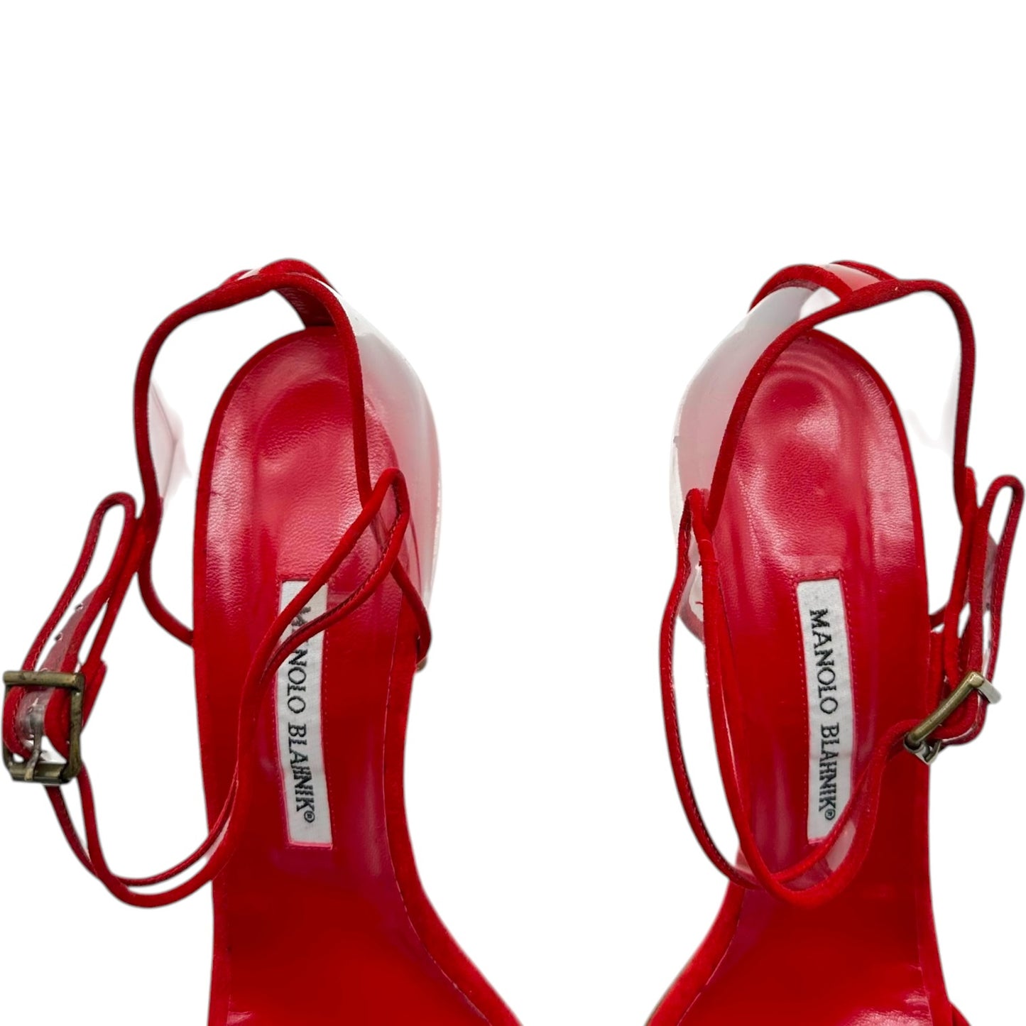 Manolo Blahnik Red Suede Clear PVC Sandal Heels