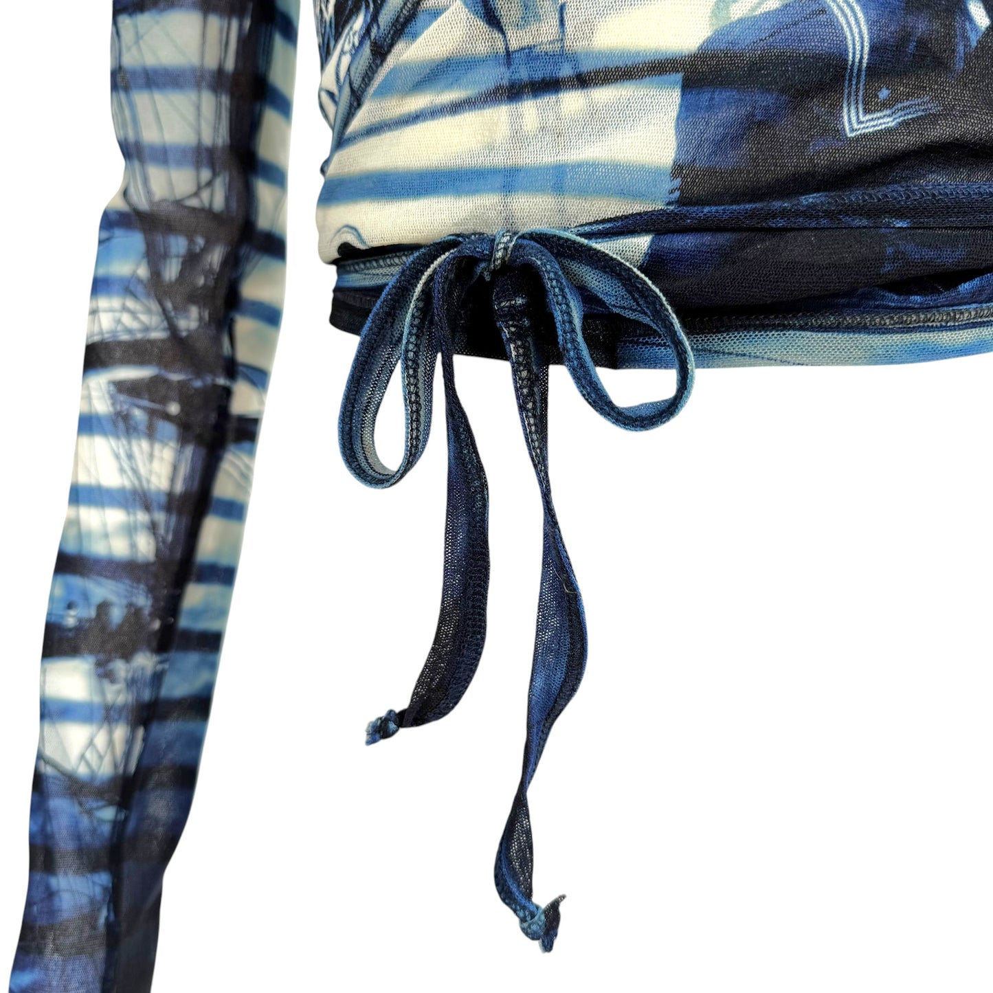 Jean Paul Gaultier Soleil Blue & White Striped Printed Mesh Wrap Top